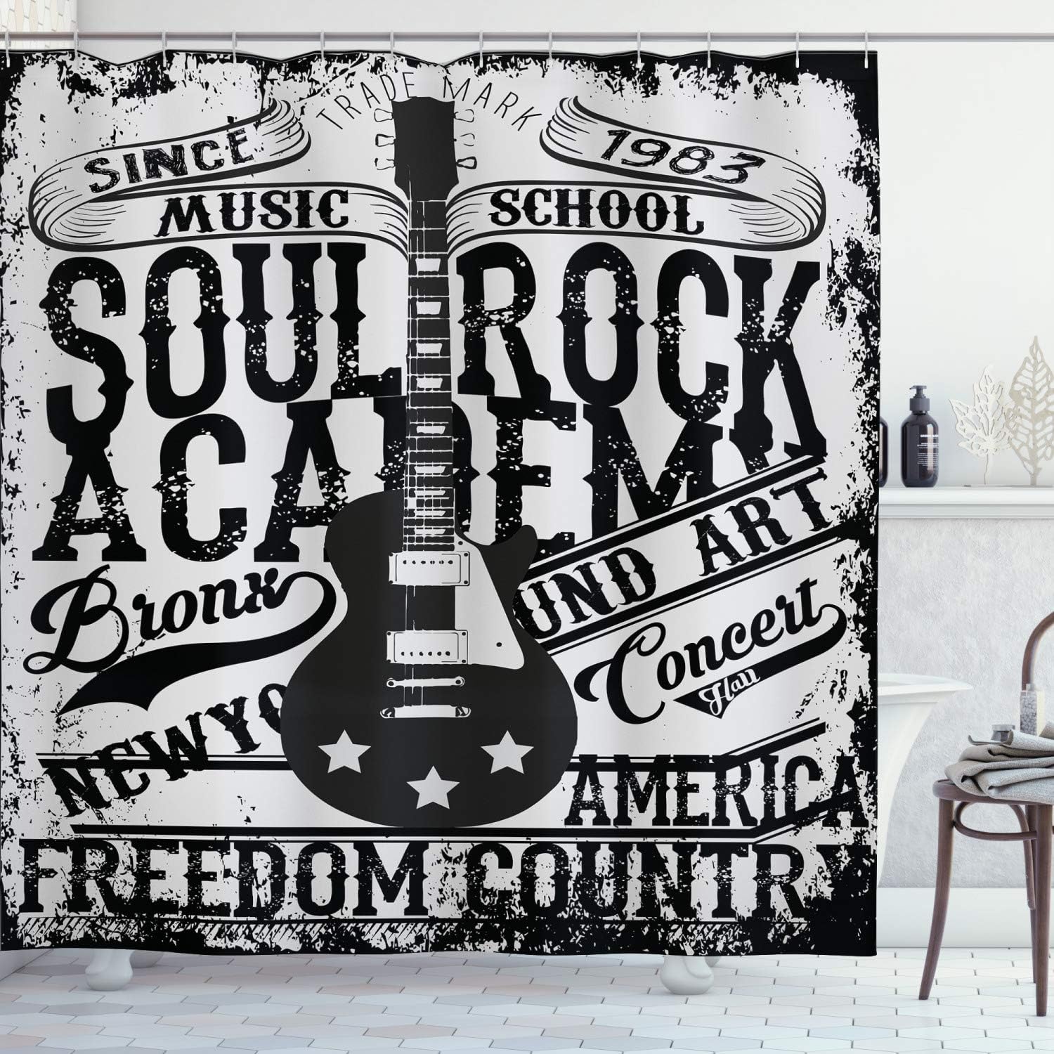 Ambesonne Retro Shower Curtain, Soul Rock Academy Theme Music Electric Guitar Freedom Poster Like Image, Cloth Fabric Bathroom Decor Set with Hooks, 69" W x 70" L, Beige and Black