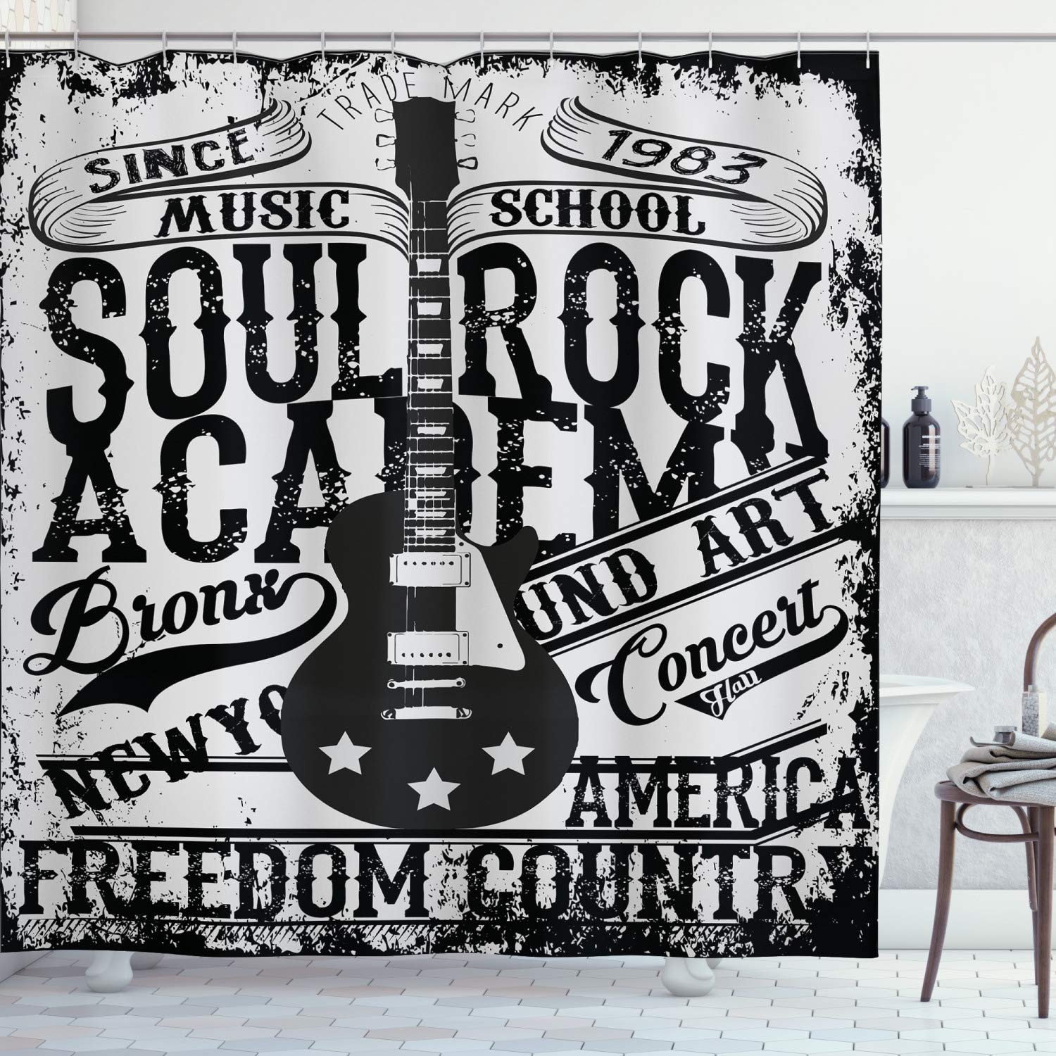 ABAKUHAUS Retro Shower Curtain, Soul Rock Academy Theme Music School Electric Guitar Freedom Poster Like Image, Cloth Fabric Bathroom Decor Set with Hooks, 70 Inches, Beige and Black — image 1