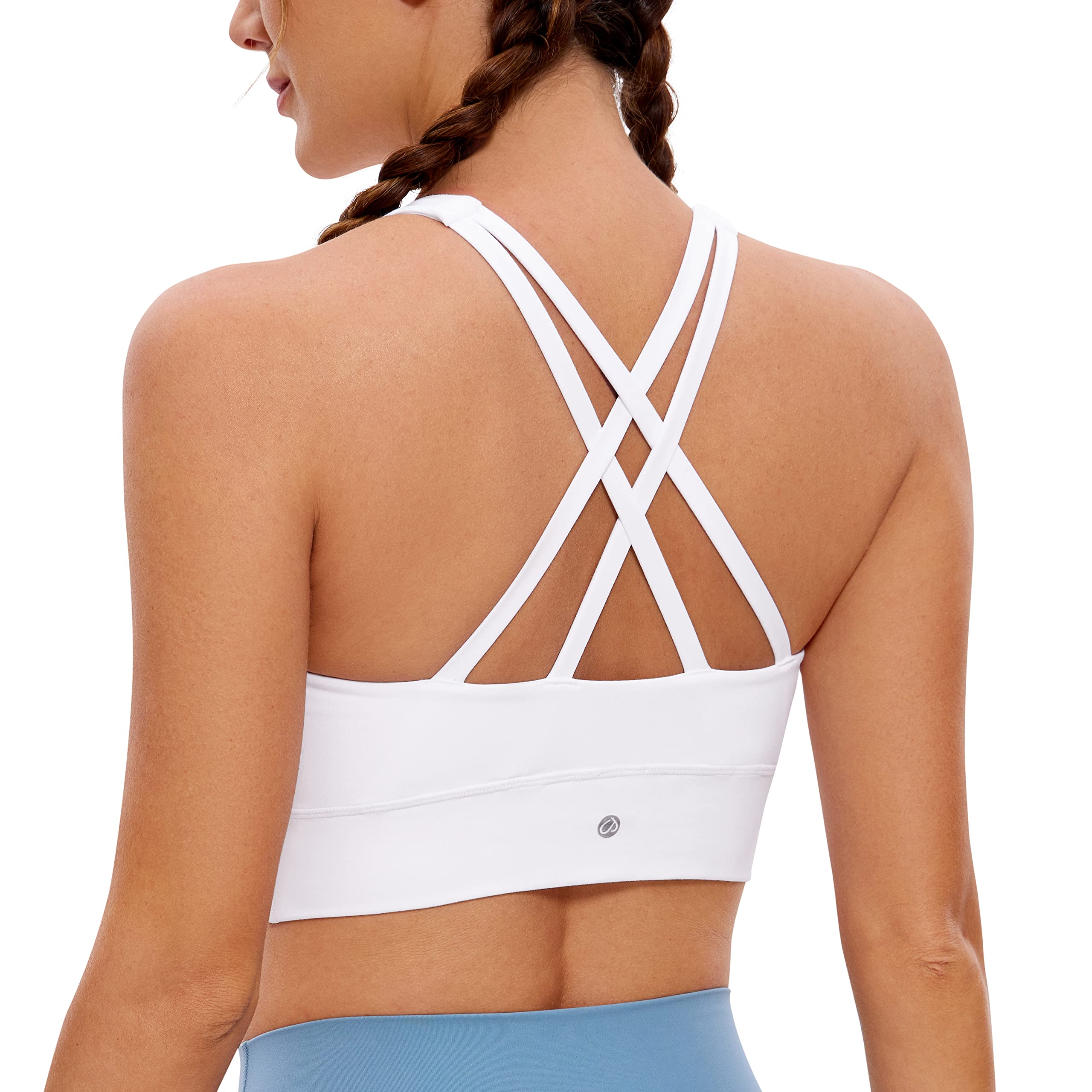 CRZ YOGA Women's Butterluxe Strappy High Neck Longline Sports Bra Criss Cross Yoga Bra Wirefree Padded Crop Tank Top White L