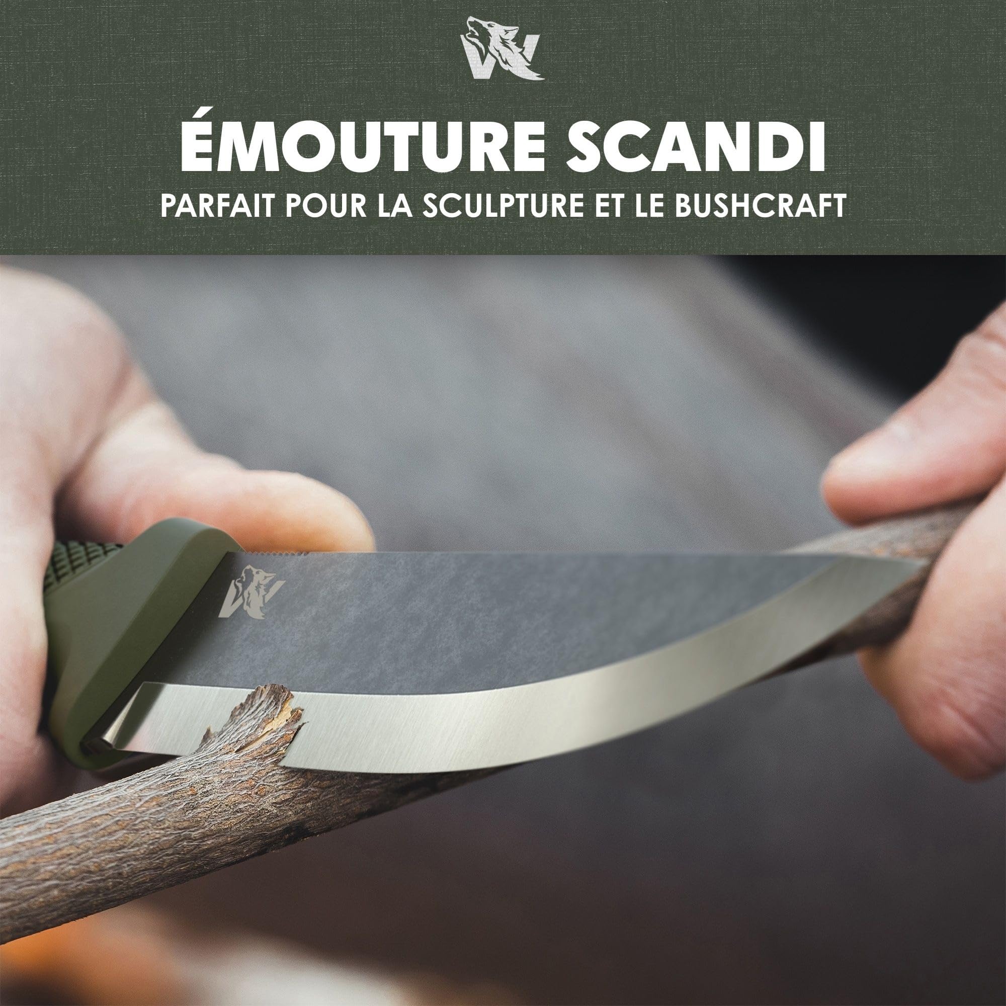Wolfgangs W-SCANDI Couteau de pêche à lame fixe – Couteau bushcraft D2 en acier monobloc – Couteau de survie outdoor avec étui – Idéal nature, bivouac, forêt