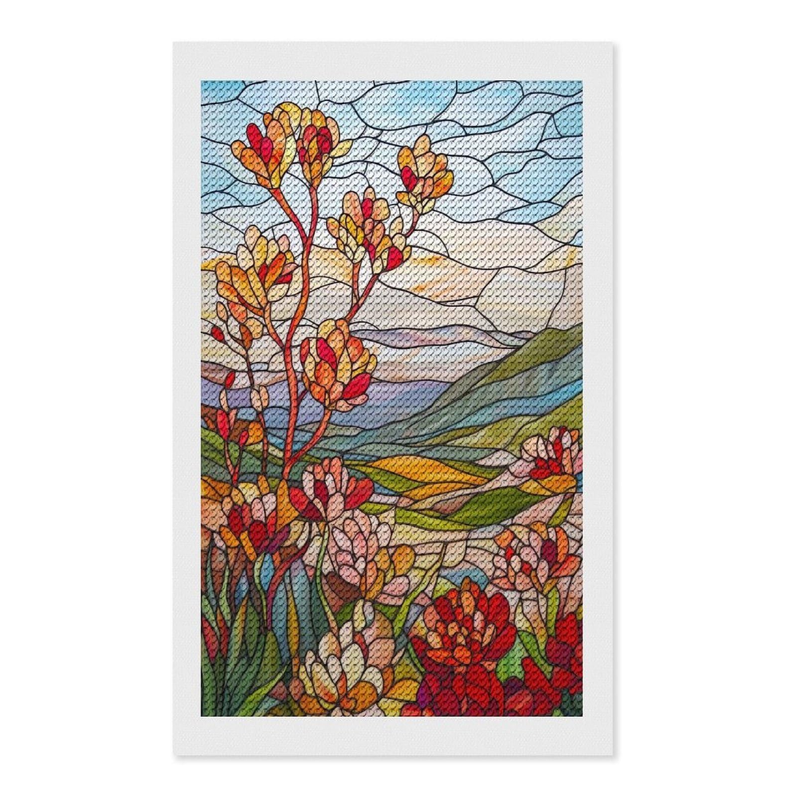 Junmoney Stained Glass Landscape Diamond Art Canvas 12"x20", Easy to Follow Symbols, Finish and Display, Fun Craft Experience, Aesthetic Room Decor