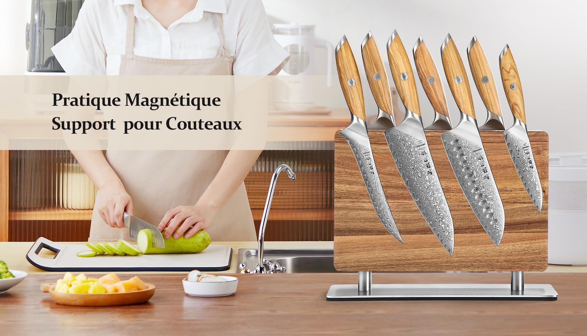 HEZHEN Bloc de Couteaux Magnétique, Porte-couteau en Bois D'Acacia, Aimanté Double Face Support à Couteaux, Outil de Rangement pour les Couteaux