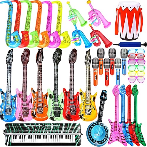 Miniatura 1 de smilixin Paquete de 36 guitarras inflables, guitarra inflable, juego de juguetes inflables de estrellas de rock, guitarras inflables, micrófonos,