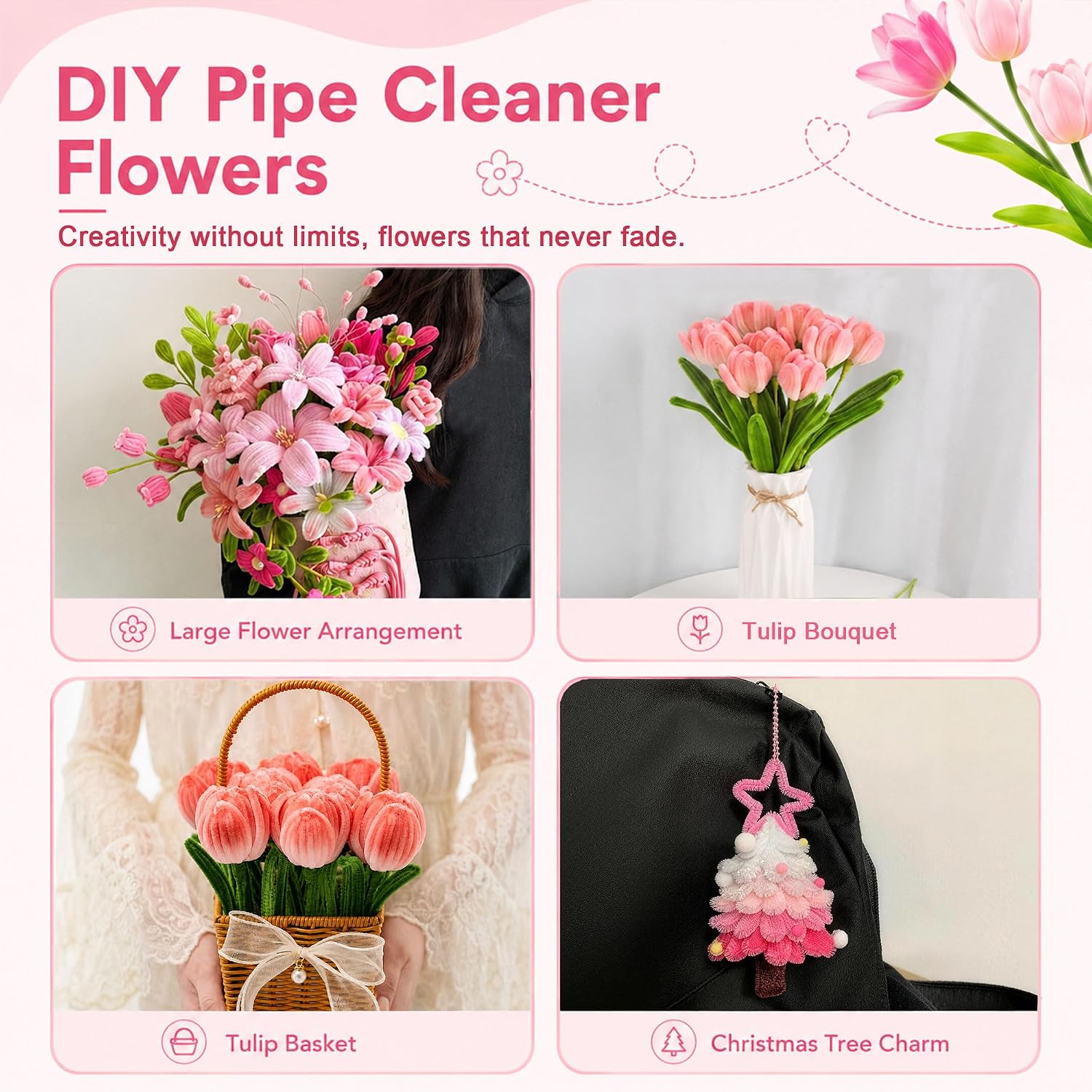 400 PCS Pipe Cleaners Craft Kit, 6 Colors Thick Pipe Cleaner Flowers with Instruction, Art and Craft Supplies, Chenille Stems Flower Making Kit for Girls, Teens, Women, Graduation Gift