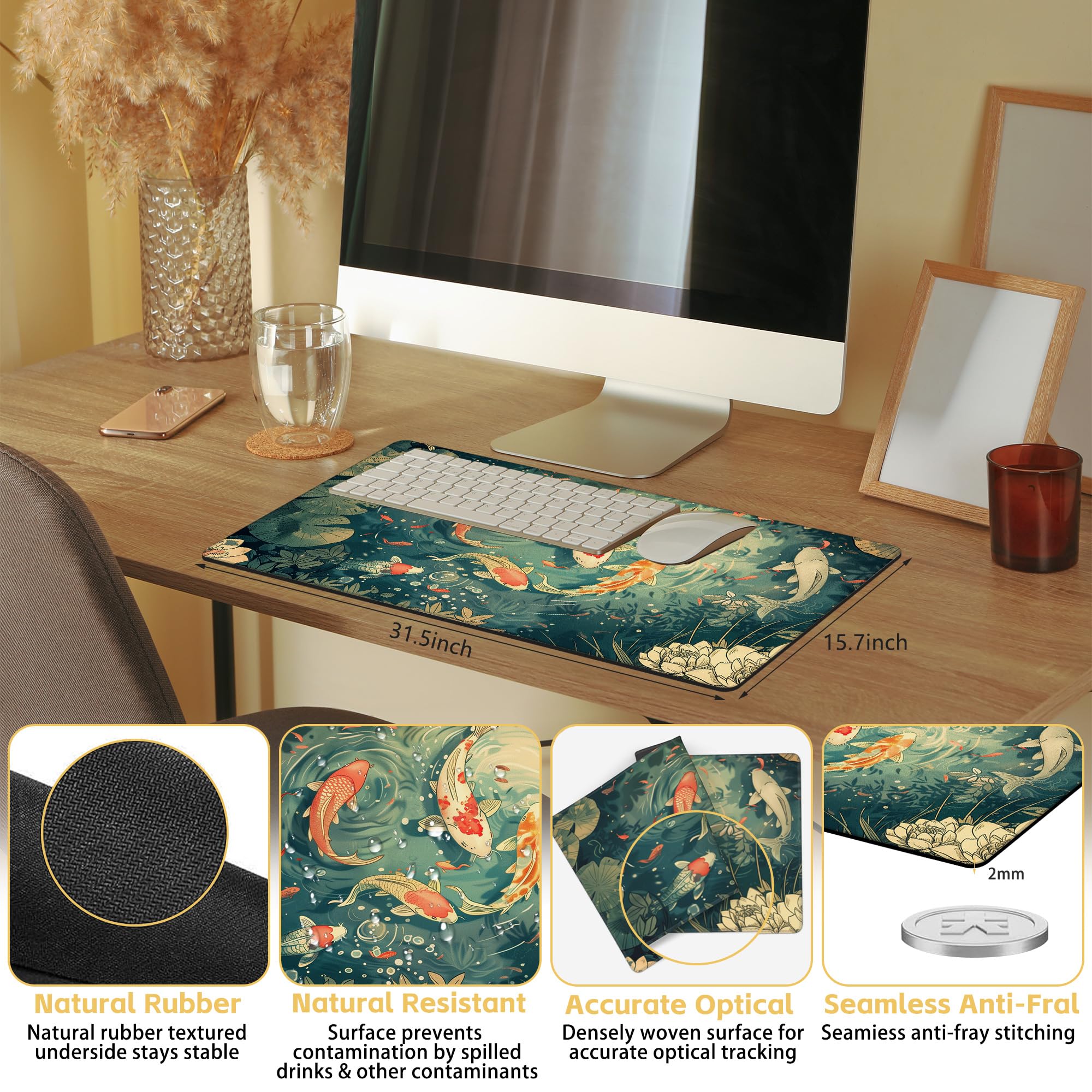 Alfombrilla de mouse grande extendida para juegos con diseño de estanque japonés, Lotus Koi, XXL, para teclado y mouse, base de goma antideslizante con bordes cosidos para decoración de escritorio de