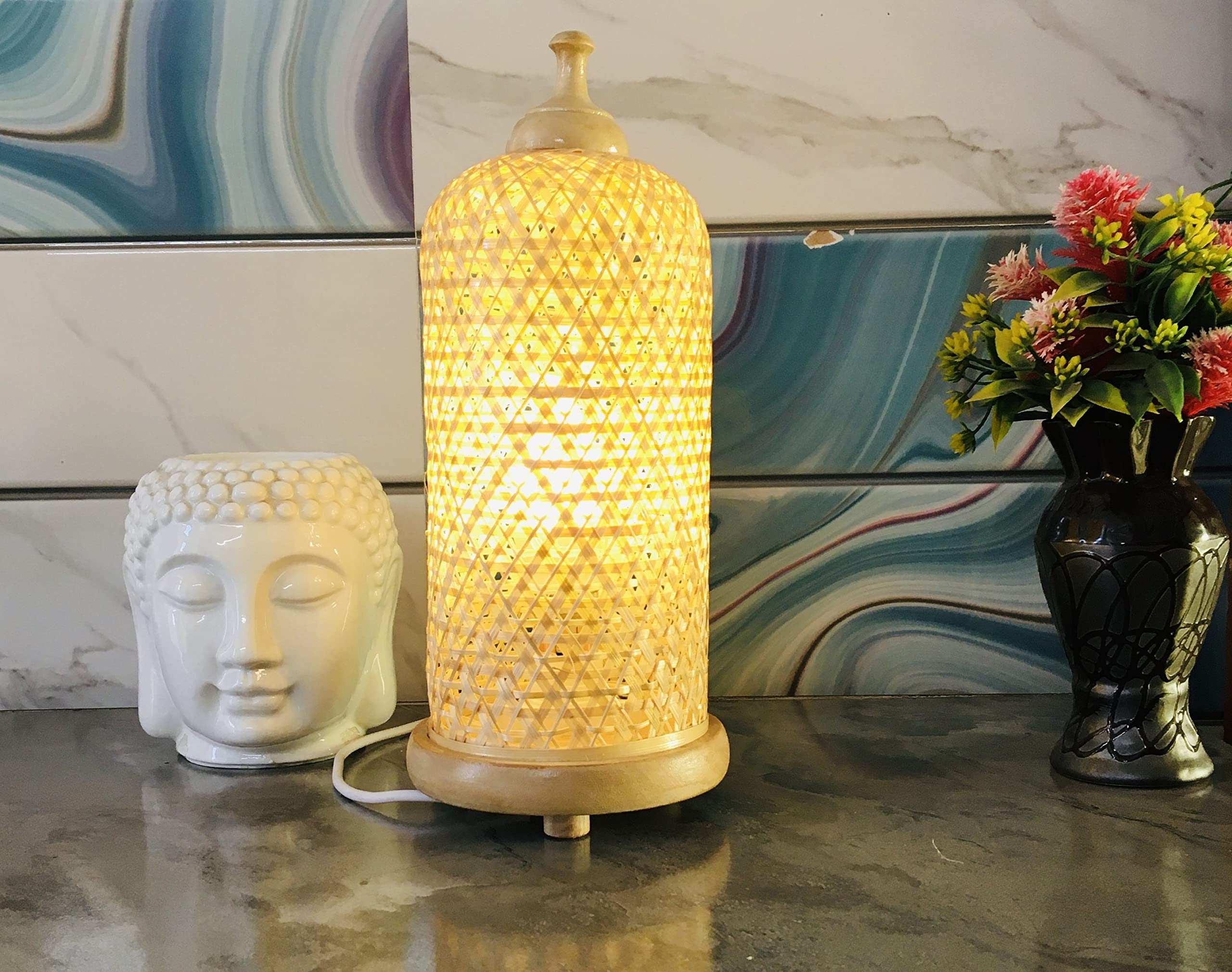 ROYAL 11 ART & CRAFT Handmade Bamboo Table Lamp with Bulb | Decorative Bedside Night Lamp for Bedroom & Living Room | Natural Rattan Side Table Lamp | Eco-Friendly Cane Light - Image 3 thumbnail