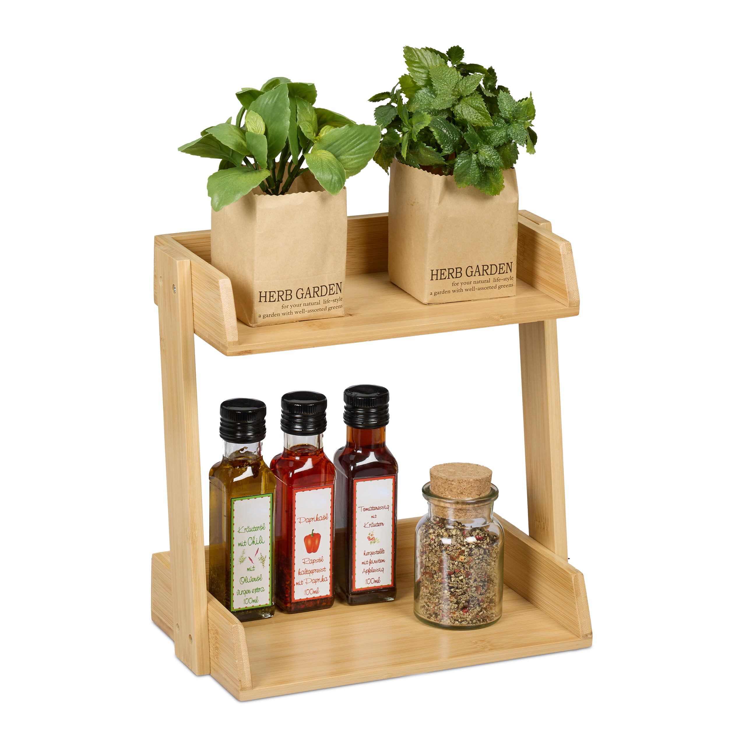 Relaxdays Natural Spice Rack, Bamboo, 2 Levels For Jars And Bottles, Kitchen Stand, Hwd: 27 X 27.5 X 16 Cm, Organiser,