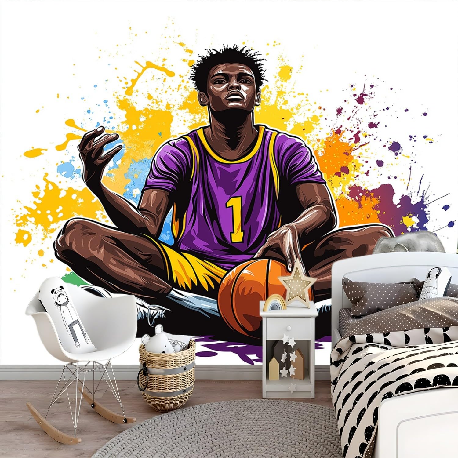 Fototapeta 3D, 400 x 280 cm, moda sportowa, tapeta z włókniny, koszykówka, sportowcy, graffiti – nowoczesna dekoracja ścienna do salonu, sypialni, pokoju dziecięcego lub biura – bezzapachowa, XXL