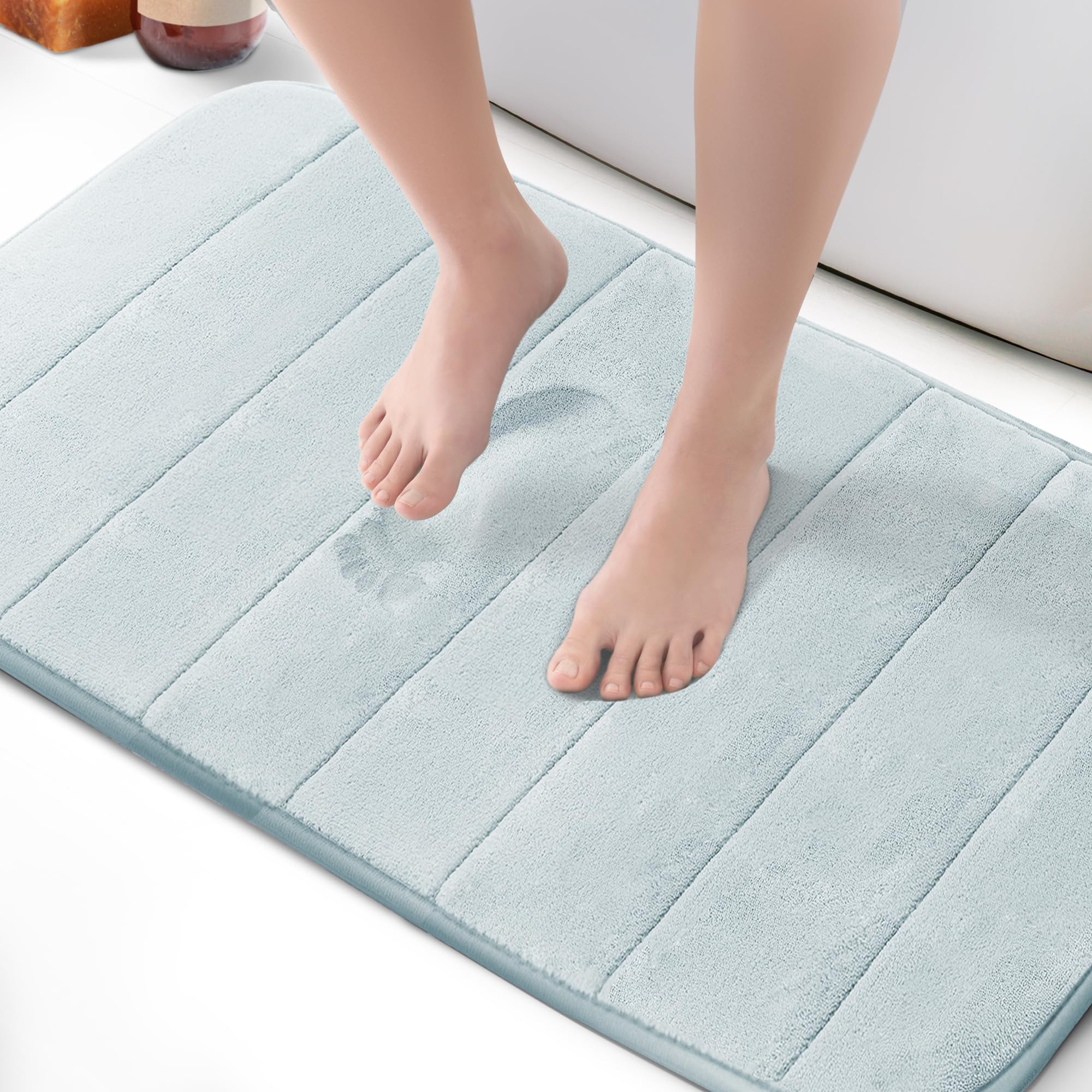 Keplin 50X80Cm Memory Foam Bath Mat Ultra SoftHighly AbsorbentNon SlipMachine WashableLight Blue from B&Q