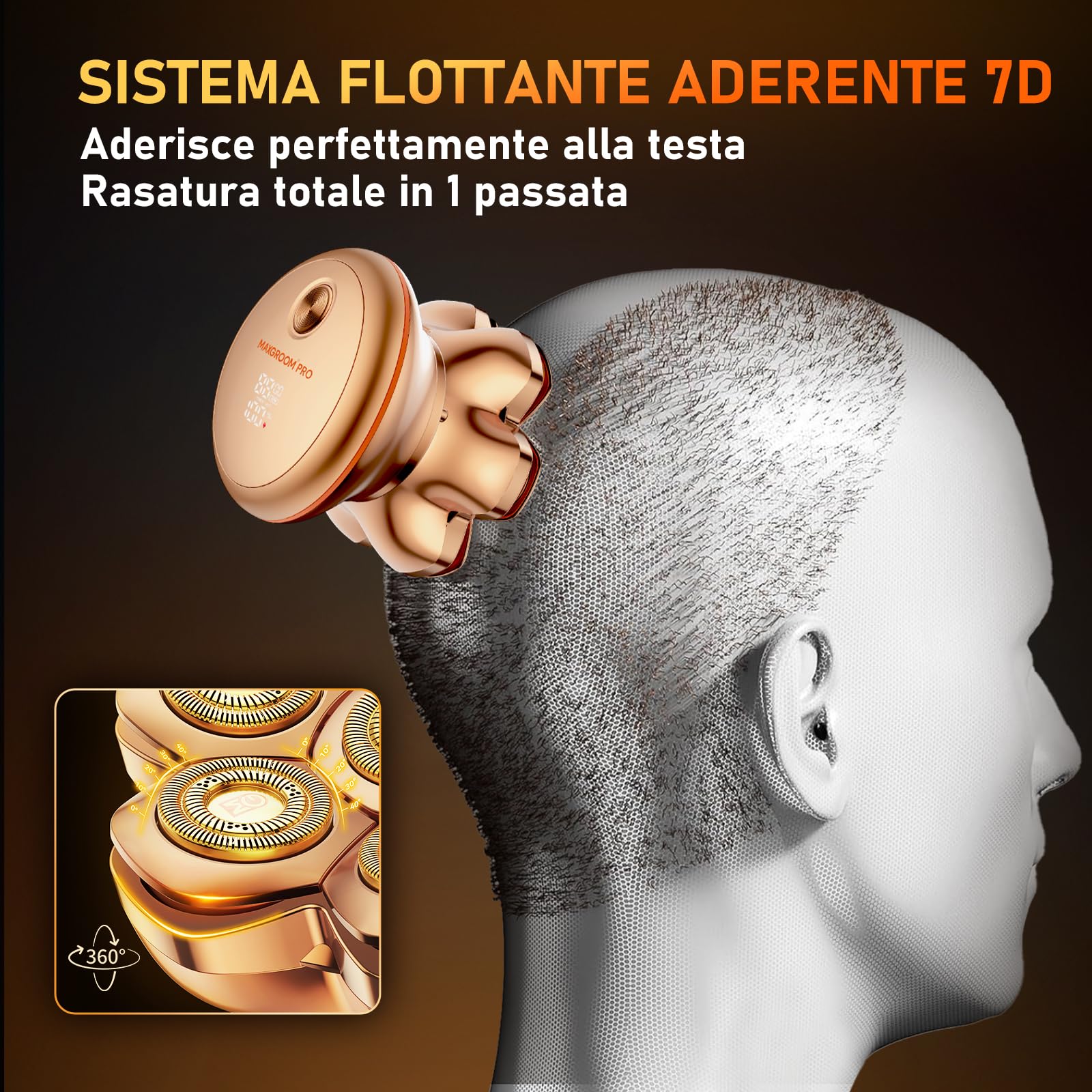 MAXGROOM PRO 7D Rasoio Testa Calva 2 Velocità 7500RPM & 8800RPM, 2026 Rasoio Elettrico Capelli Uomo Rasa Capelli Uomo a Zero Assoluto, Shaver Capelli, Regalo per Papà e Marito (Oro)