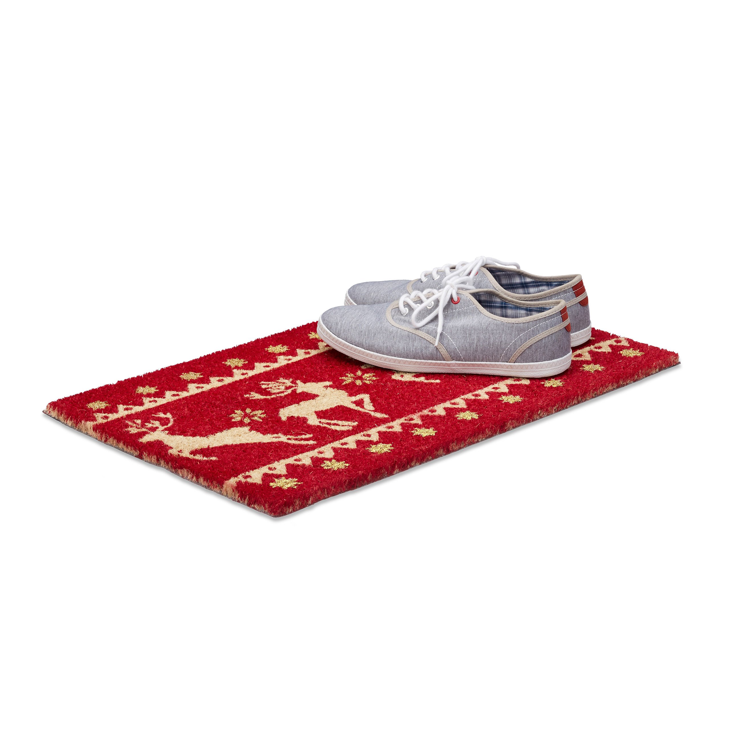 Relaxdays Felpudo Navidad, 1,5 x 60 x 40 cm, Renos, Estrellas, Purpurina, Fibra de Coco, Goma, Multicolor, 40x60x1.5 cm