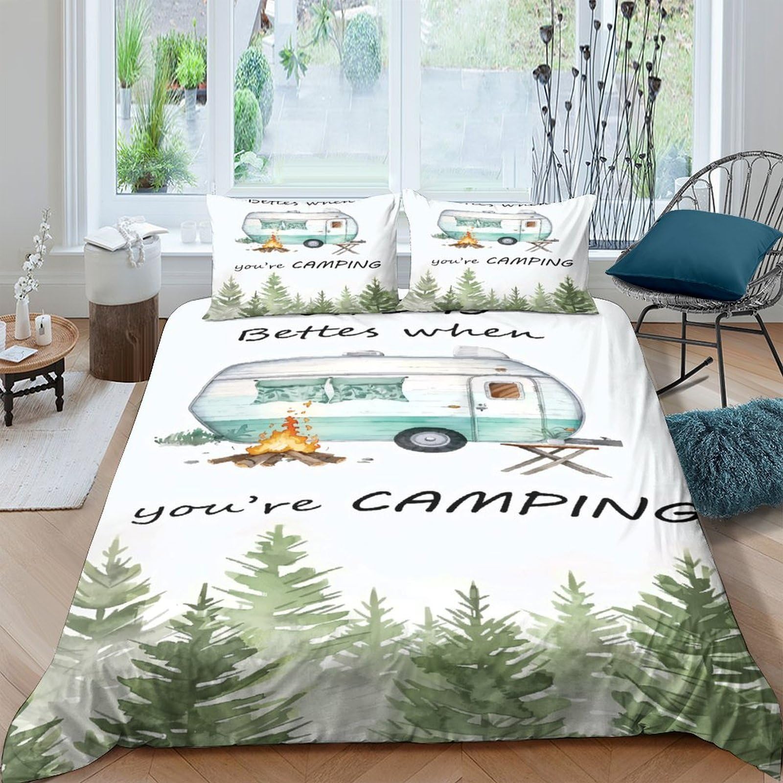 GPLZQXKJNH 3D Printed Camping Caravan Duvet Cover Microfiber Soft Breathable Forest Bedding Set with 2 Pillowcases for Bedroom Decor Single（135x200cm）