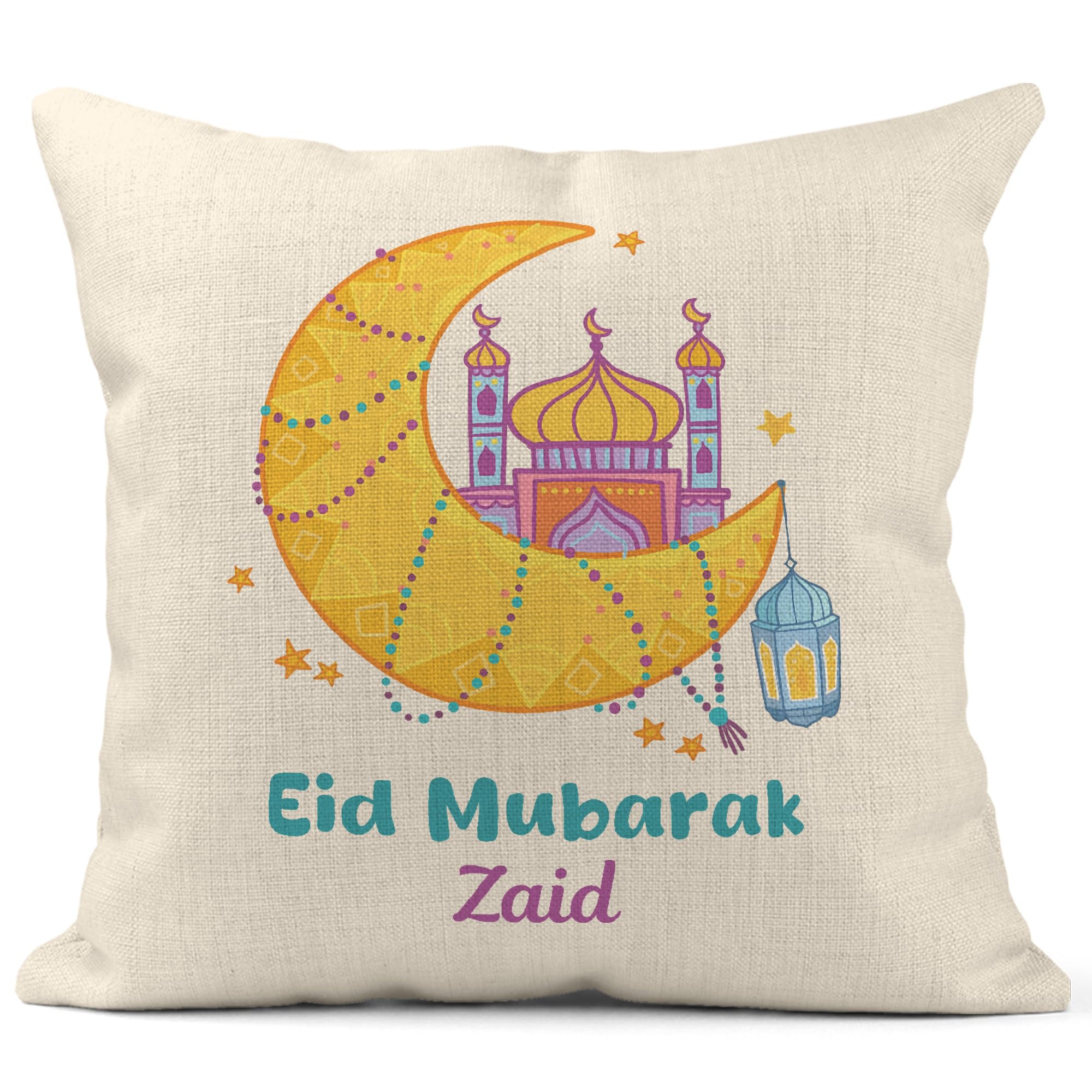 Print Maniacs Yellow Cushion With Personalised Name - Eid Mubarak - Islamic Ramadan Home Decor Throw Pillow Case Gift For Eid Al-Fitr & Eid Al-Adha Parties, Mosque & Crescent Moon Design