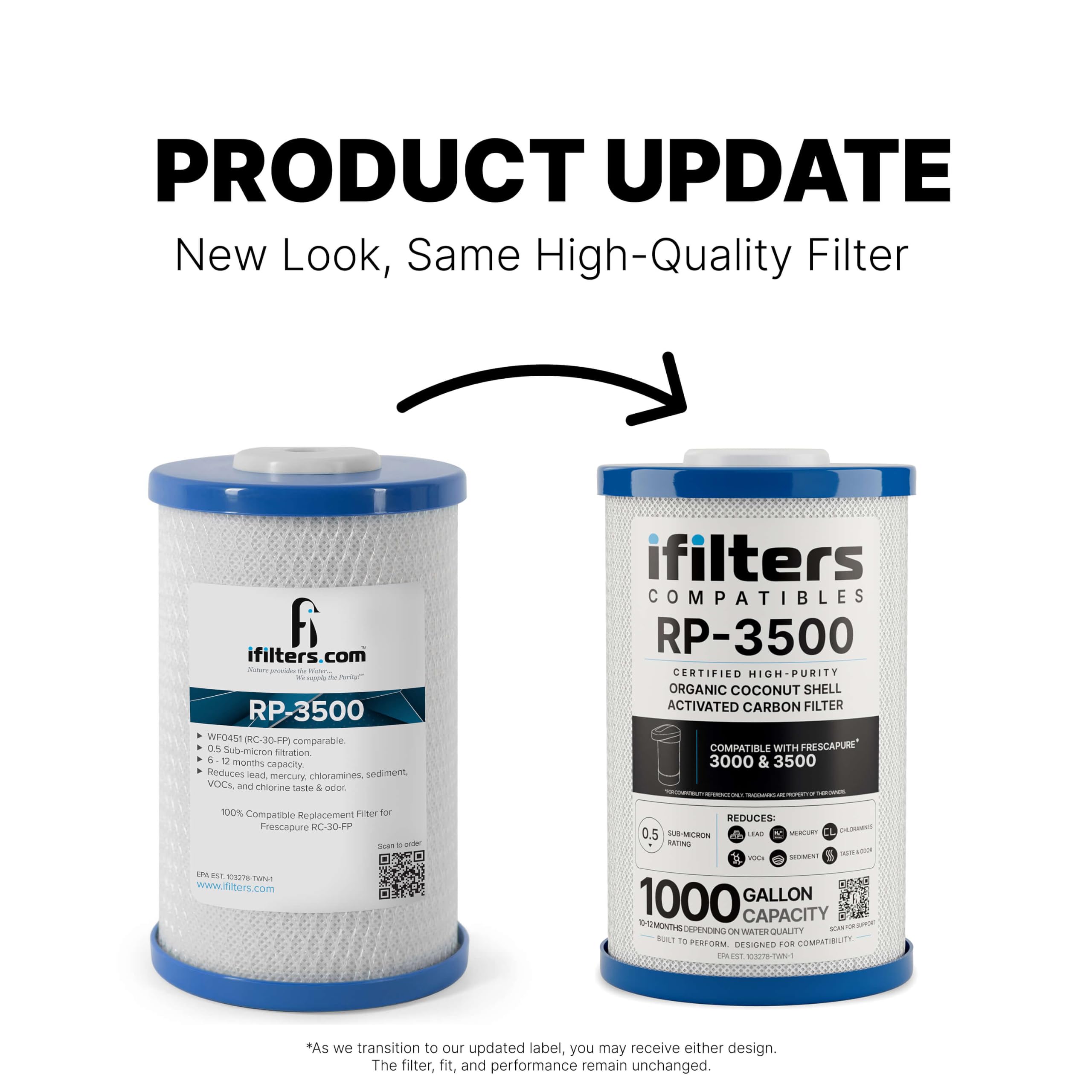 iFilters Cartucho de repuesto de filtro de agua potable de bloque de carbono RP-3500, 1000 GPD - 0.5 micrones | 100% compatible con Frescapure 3500 WF0451 | Reduce plomo, quistes, sedimentos 2