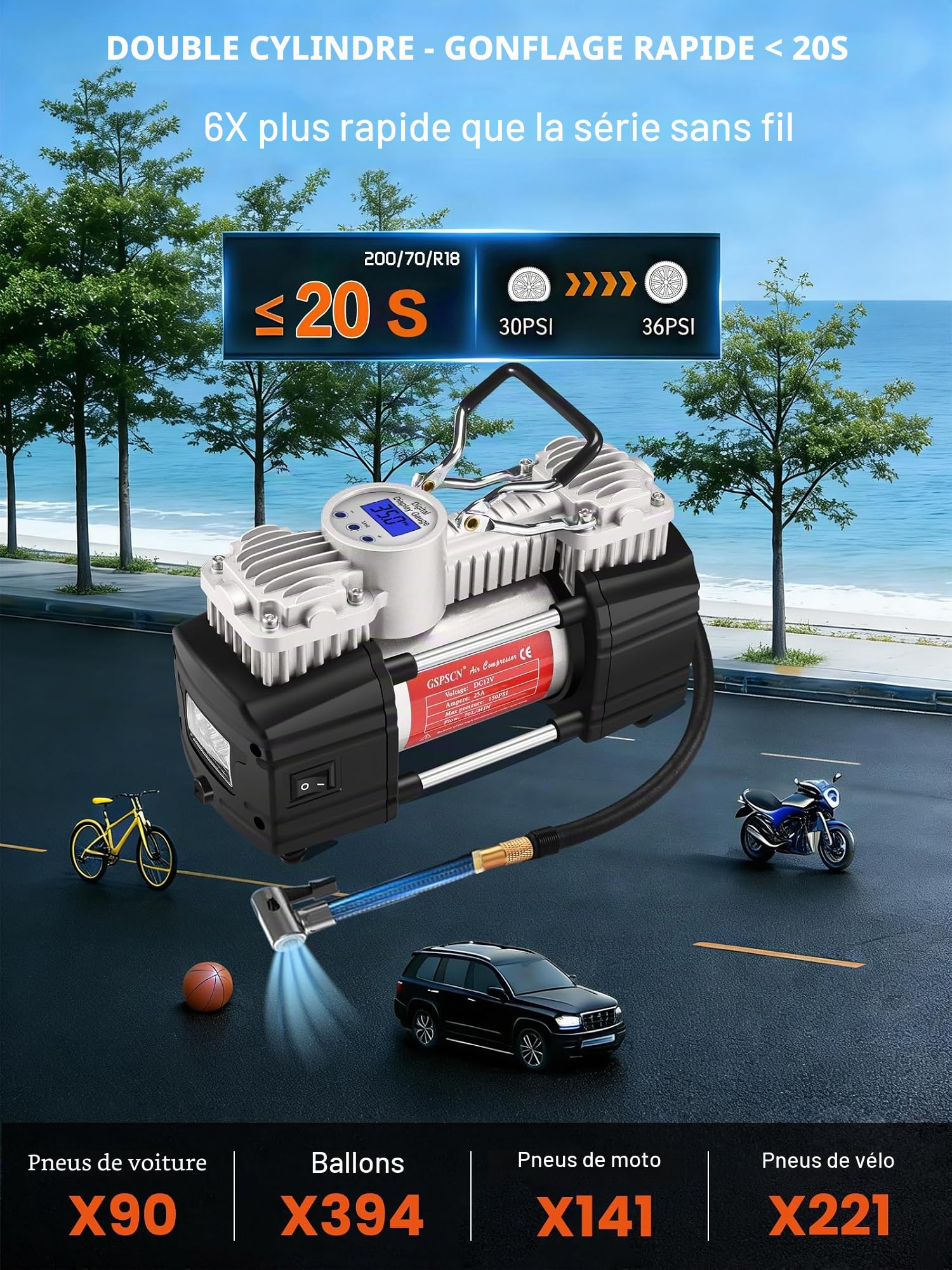 GSPSCN Compresseur d'Air Portatif Heavy Duty Gonfleur Pneus Voiture numérique à double cylindre 12V portable Gonflage Digital Pompe à pneu avec kit de réparation de pneu pour auto, SUV, tout-terrain