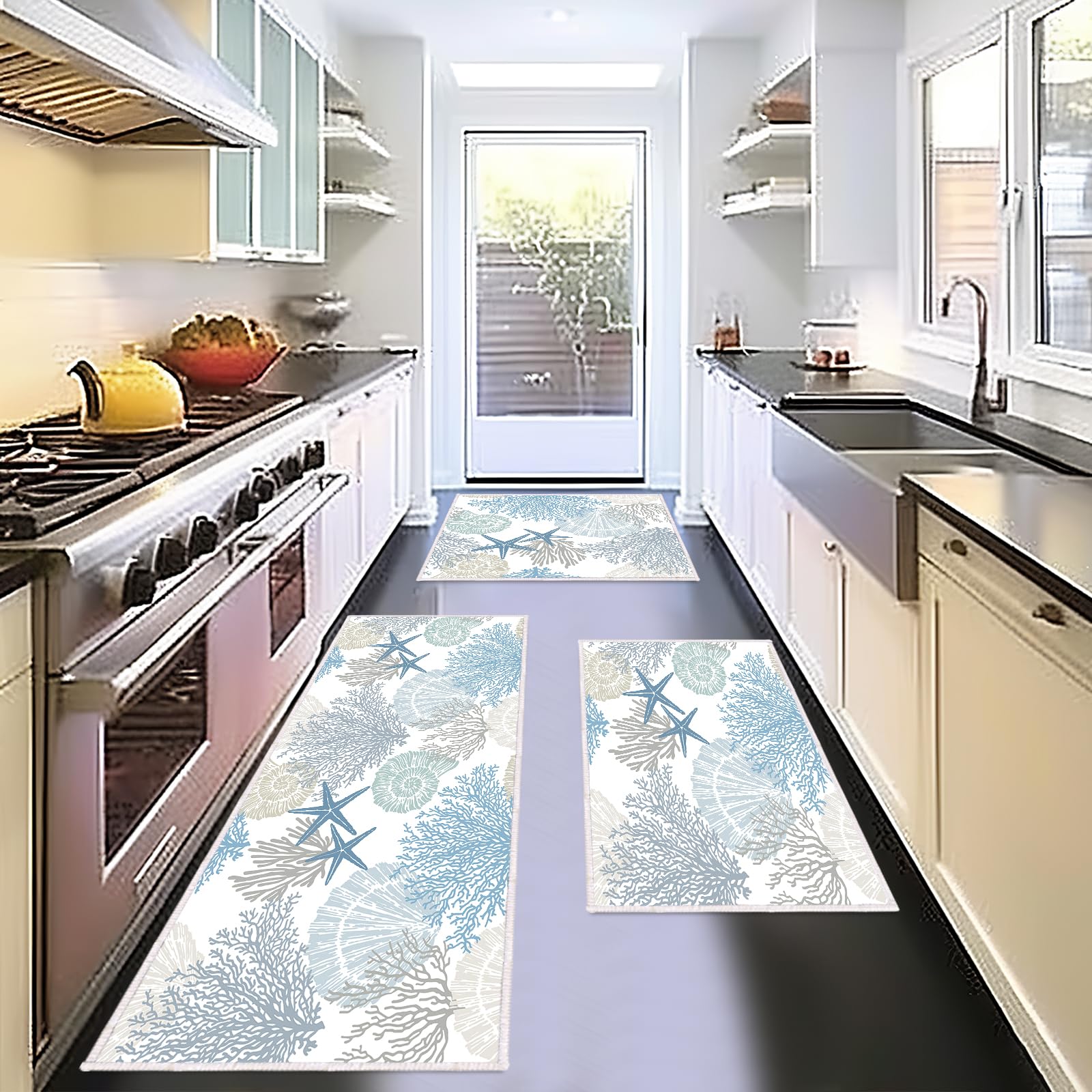 Coastal Kitchen Mat Set of 3 Cushioned Anti Fatigue Mats for Kitchen Floor,Ocean Nautical Starfish Seashell Beach Bathroom Runner Rug Non Slip Standing Mat Washable Kitchen Rug Runner for Sink,Laundry