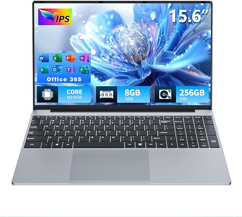 Ordenador Portátil 15.6" Full HD IPS, Core M3 6Y30 hasta 2.2GHz, 8GB DDR3 RAM 256GB SSD, PC Portátil Delgada con Win 11 y Office 365, Laptop Teclado Numérico, Abatible de 180° WiFi 5, Bluetooth 4.2