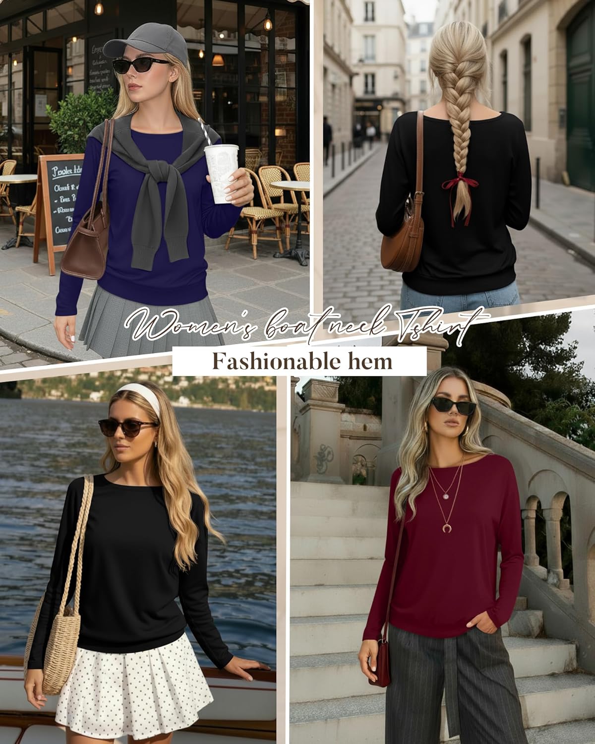 3 Pack Women's Boat Neck Shirts Long Sleeve Banded Bottom Tunic Tops Loose Fit Fall Casual Basic Layering Tees - Image 2