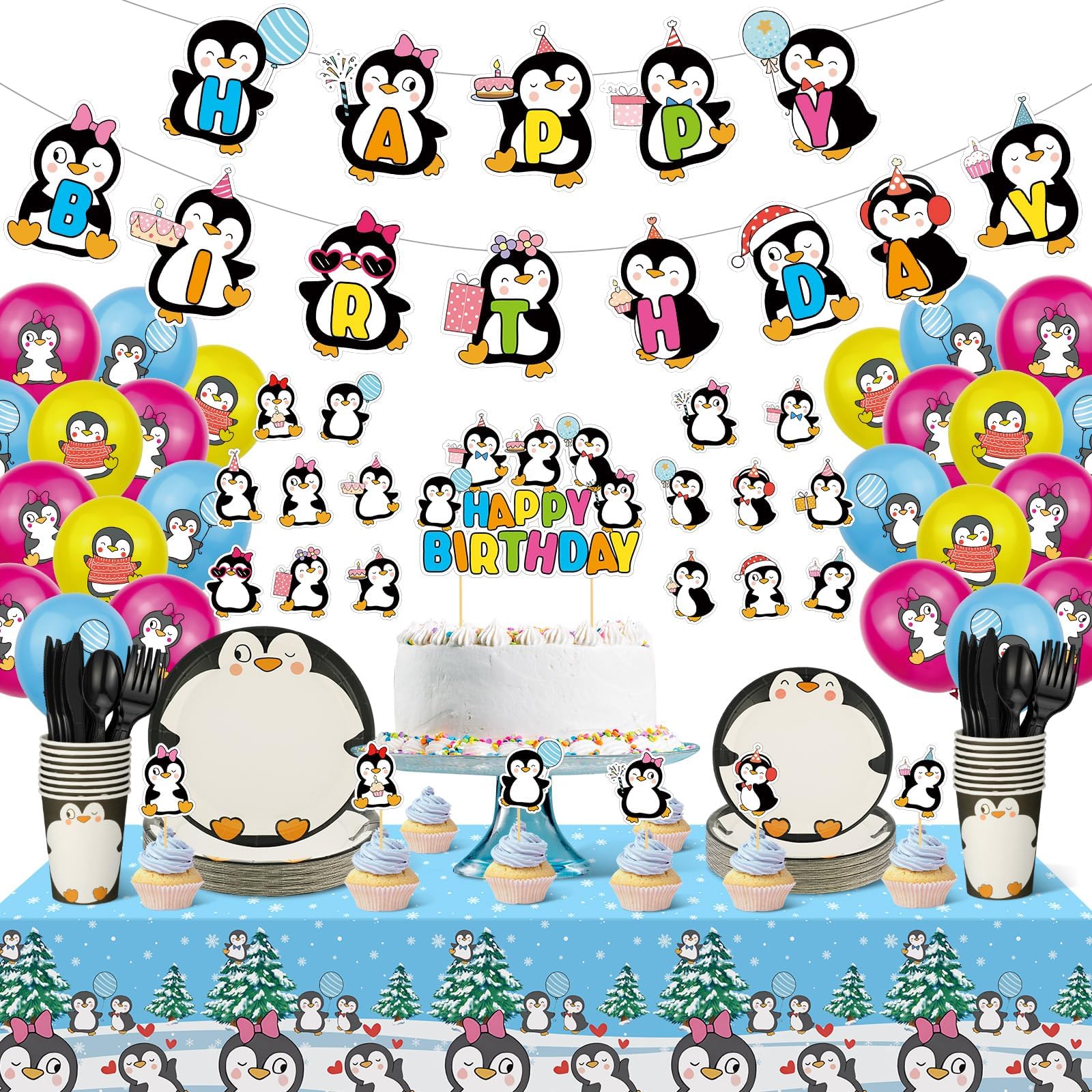 Yaomiao 133 Pcs Penguin Birthday Party Decorations Include Happy Penguin Birthday Banner Balloons Cake Topper Tablecloth Paper Plates Cups Cutlery for Baby Shower Party Supplies(Cute)