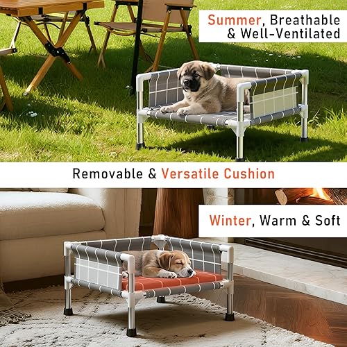 Miniatura 3 de Cama elevada para perros con valla de tres lados y cojín extraíble, patas antideslizantes, diseño estable, fácil montaje, relajación en interiores y