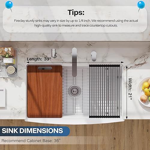 Miniatura 6 de Fregadero de cocina de granja blanco con 33 unidades de 33 x 21 pulgadas, delantal frontal de porcelana blanca de cerámica y arcilla refractaria,