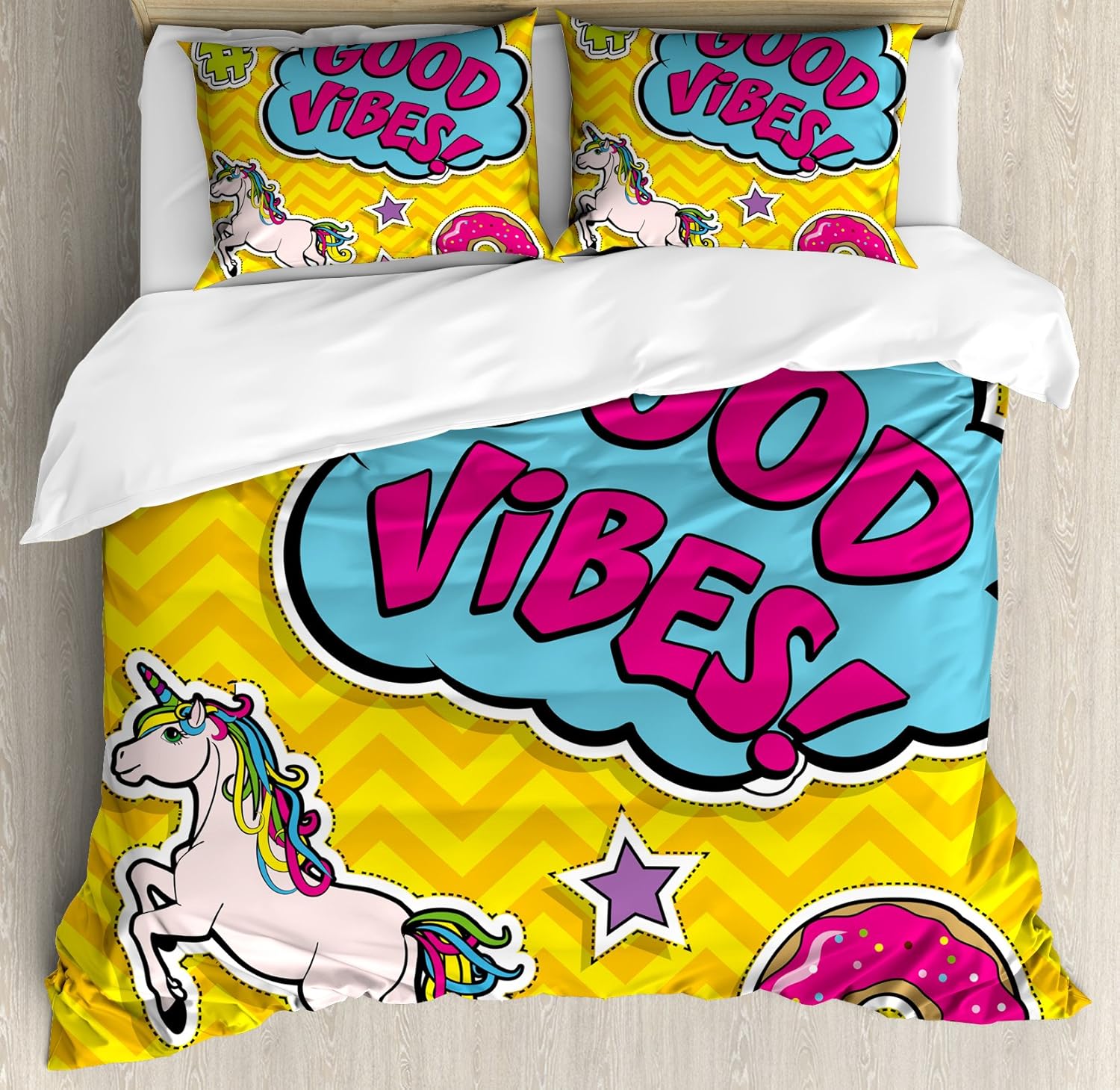 Ambesonne Chill Duvet Cover Set, Colorful Fun Design Magic Unicorn Speech Bubble Stars and Donut, Decorative 3 Piece Bedding Set with 2 Pillow Shams, Queen Size, Rainbow