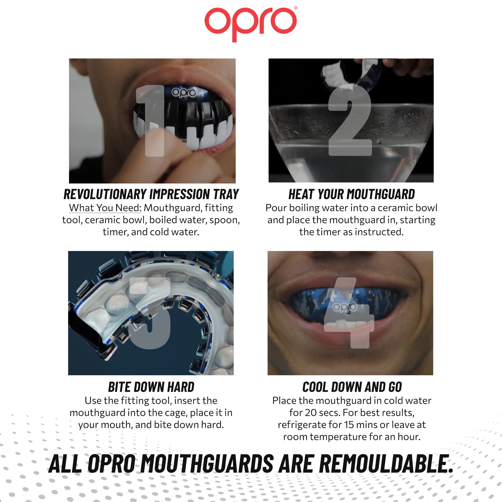 OPRO Protège-Dents Instant Custom-Fit - Protection des Dents Professionnelle Adultes et Enfants - Boxe, MMA, Rugby, Hockey - Moulage Rapide - Garantie Dentaire Incluse