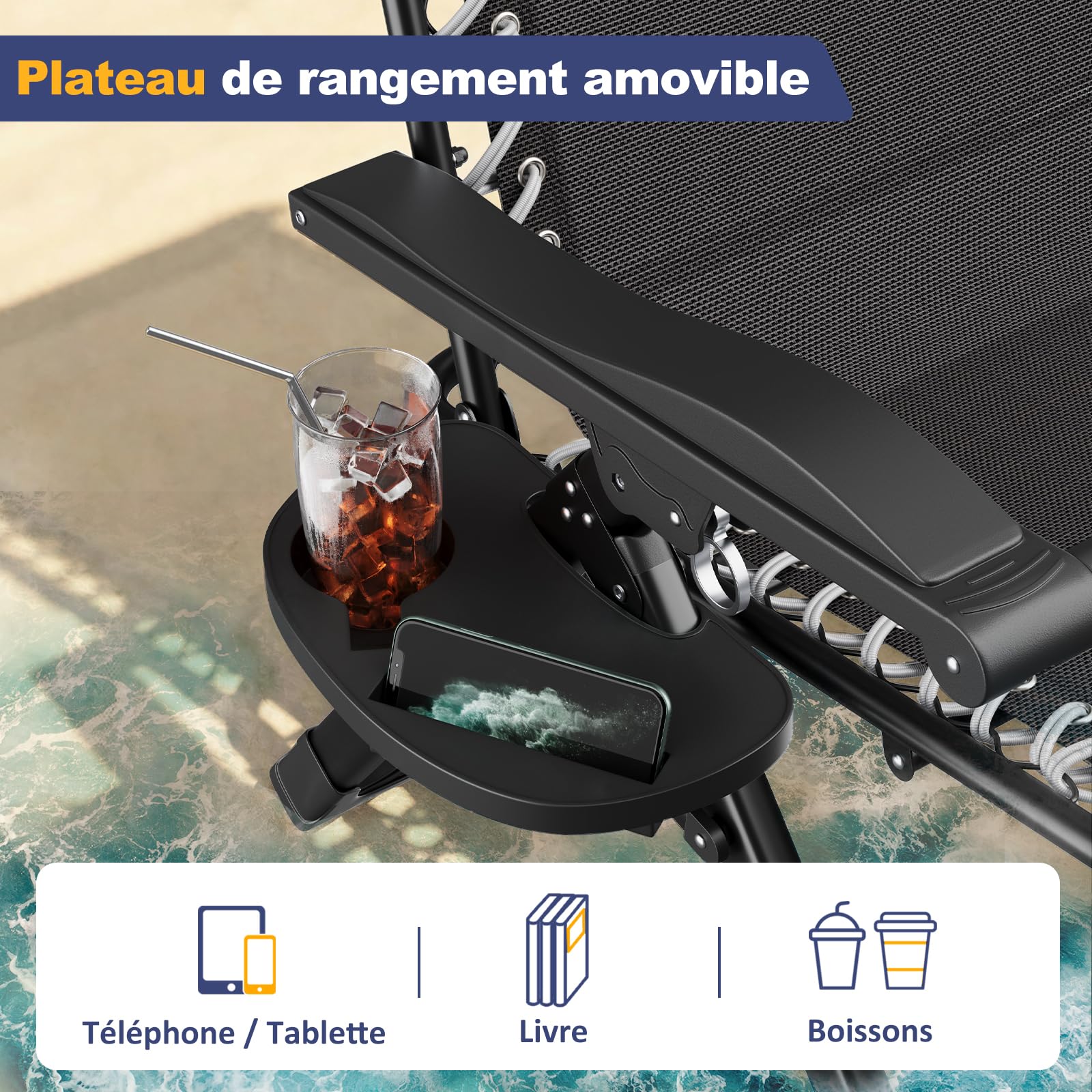 Dripex Chaise Longue Jardin Exterieur, Transat Support 150kg - Noir | Pliante Inclinable, avec Plateau, Tête Amovible