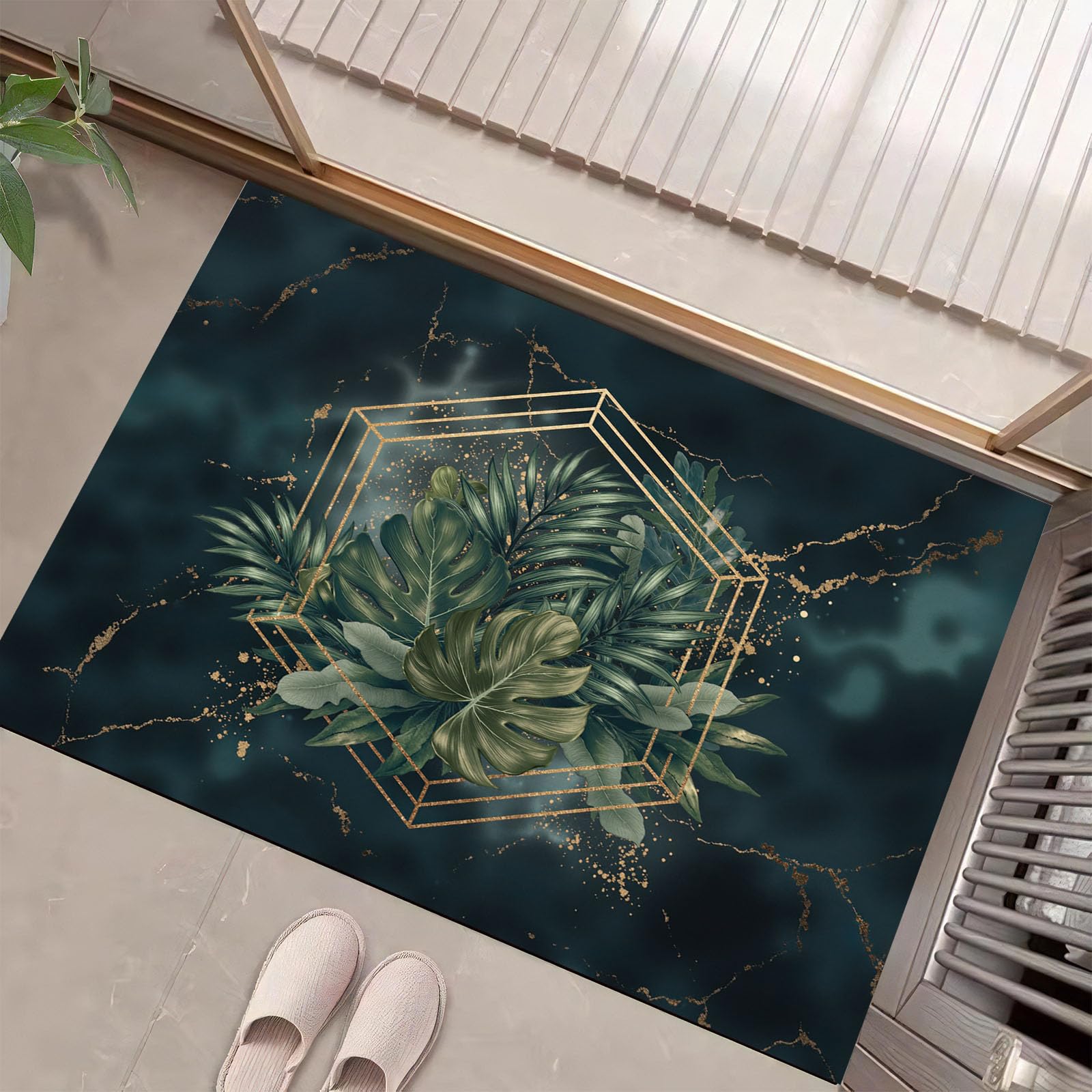 Tapis de porte l'hexagone d'or au design végétal raffiné 90x150cm