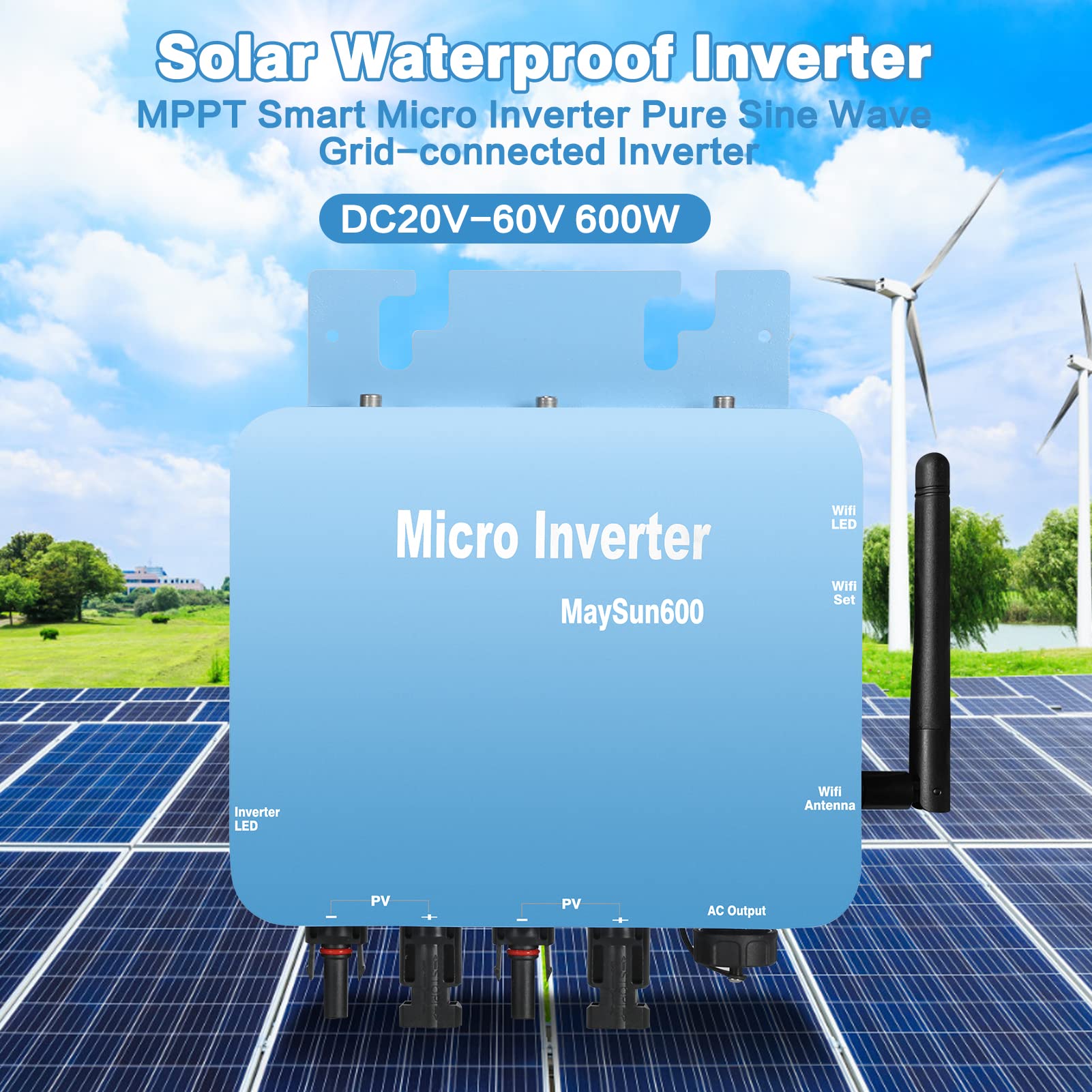 DEWIN Onduleur Solaire, MPPT Micro Onduleur Connecté Grid Tie Inverter 600W Pure Sine Wave Sortie avec système de Surveillance de téléphone Portable WiFi 230V