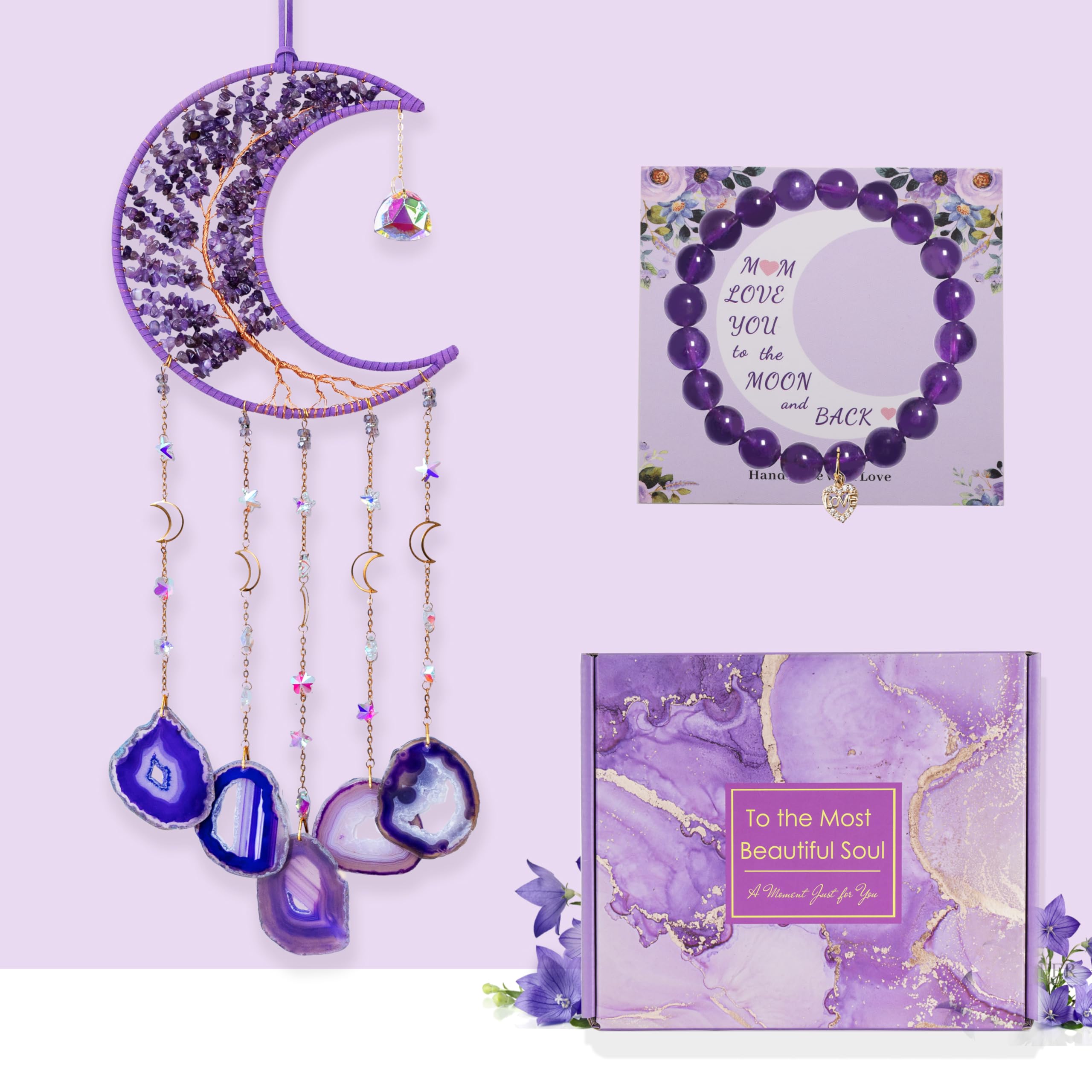 Amethyst Wind Chimes with Bracelet, 26” Amethyst Crystal Suncatcher, Heartfelt Wind Chime for Mom, Mother Birthday Gifts, Mom Gifts
