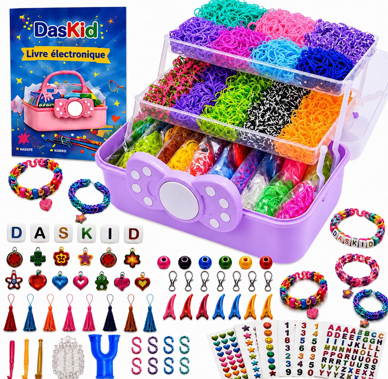 DasKid 17.000+ Loom Bands Kit 32 Vibrant Loom Bands Includes Stickers Loom Board, Alphabet Beads, Beads, S Hooks and Keychains Perfect Craft Kit for Boys and Girls with Purple Storage Box (17000)