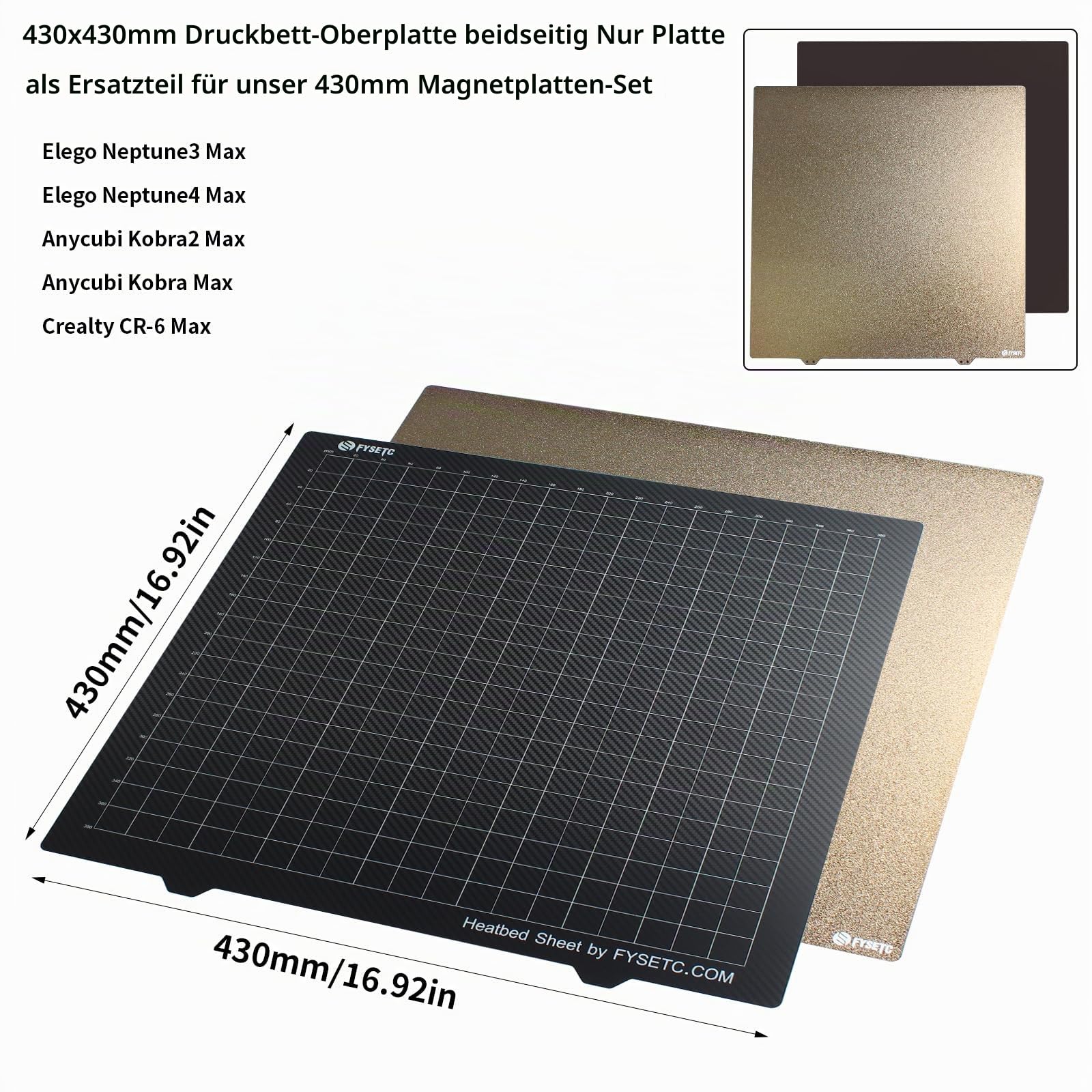 BCZAMD 3D Drucker Zubeh 430 430mm Druckplatte for Kobra 2 Max Neptune 4 Max Druckbett: Beschichtung Texturiertes PEI mit glatter PET CF Ober Flexfeder Stahlblech Filament 1.75mm Plattform