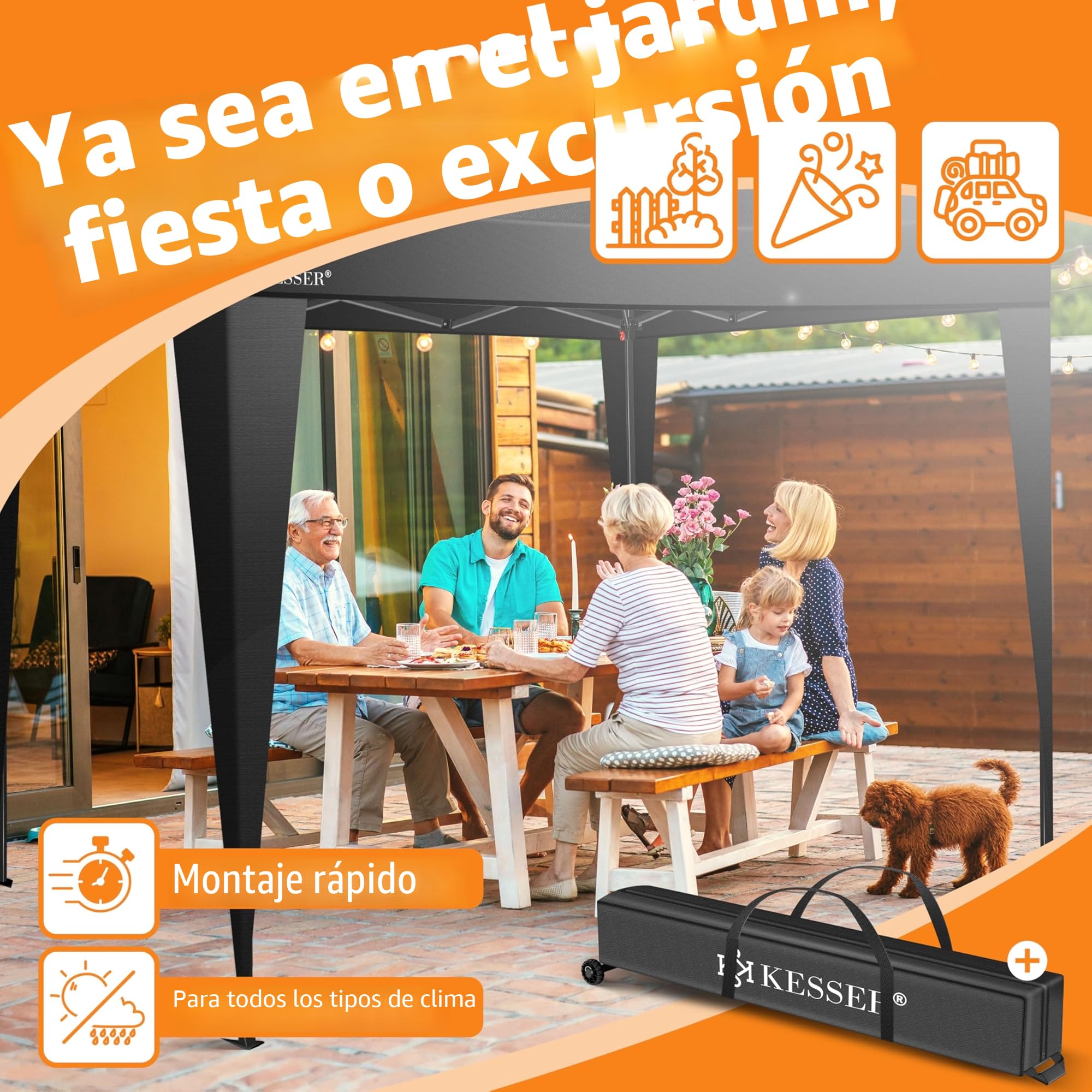 KESSER® Carpa Plegable 3x3m | Pop-Up Regulable en Altura Estable Impermeable Resistente al Invierno | Protección UV 50+ Incluye Bolsa con Ruedas y Anclaje al Suelo - Negro/Negro