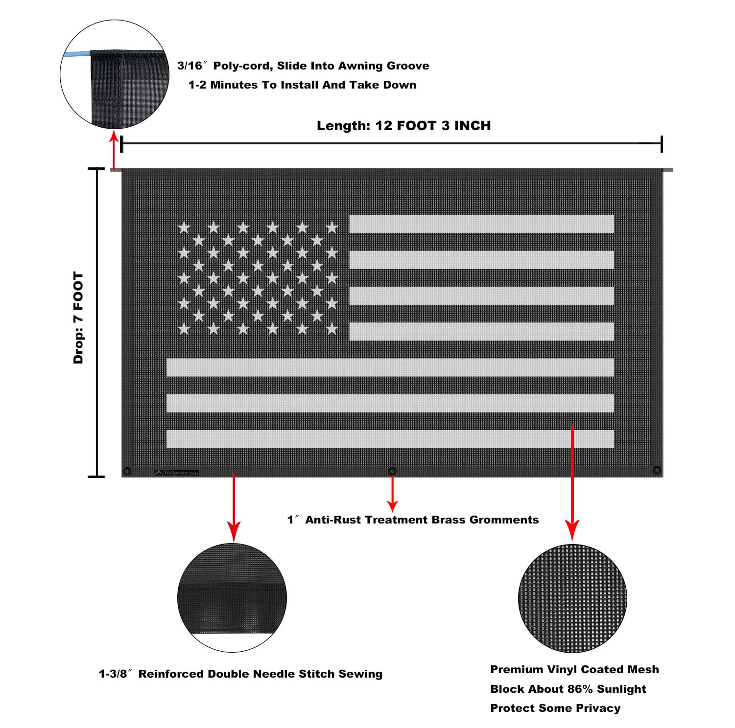 Tentproinc Toldo para Autocaravana de 7 x 12 pies x 3 Pulgadas (Bandera Estadounidense), Malla Negra, Parasol para Caravana, Remolque, toldo de Sombra para Caravana, Bloqueador UV, Kits completos