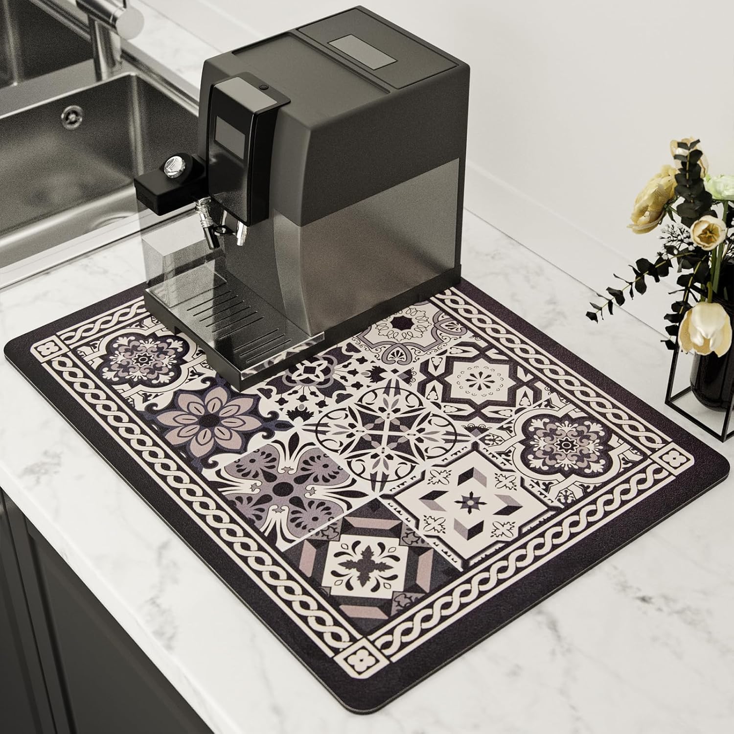 Coffee Mat, Boho Style Dish Drying Mat, Fast Water Absorption, Hide Stains, Easy to Clean, Fit Coffee Bar Accessories, Bar Mats for Countertop (16"x21", Black) - Amazon product rated Grade A