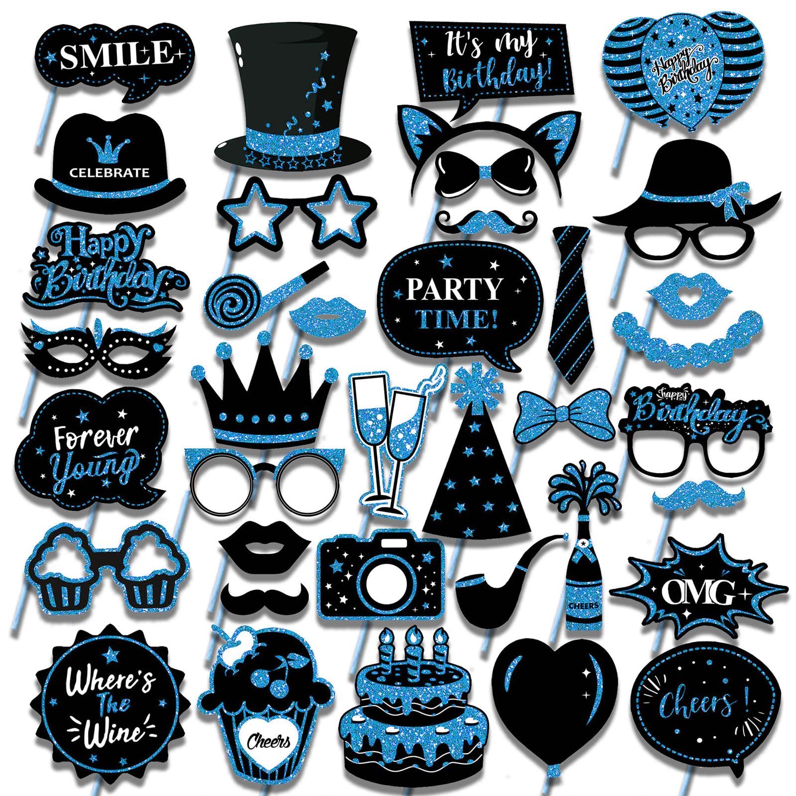 Veroa Black Blue 38 Pcs Birthday Party Photo Booth Props - Inflatable Party Props Photo Booth Frame For Birthday,Holiday Partys,Theme Partys,Wedding,Hen