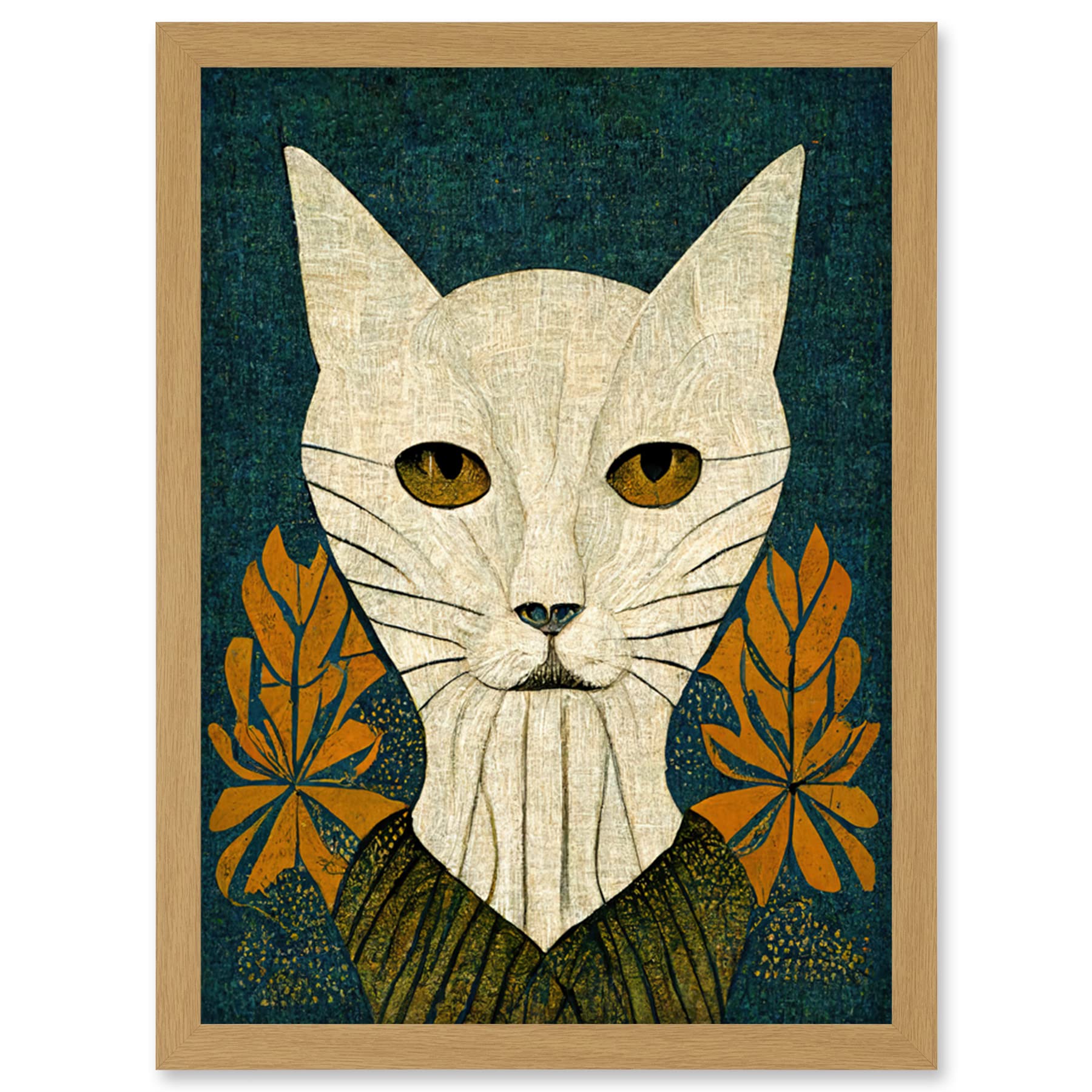 Doppelganger33 LTD Elegant Cat Illustration William Morris Style Teal Mustard Artwork Framed Wall Art Print A4