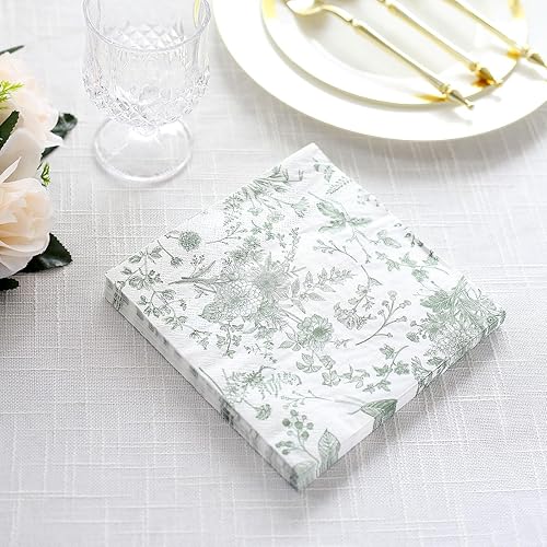 Miniatura 4 de Efavormart - Paquete de 20 servilletas de papel con estampado floral verde salvia blanca, suaves, de 2 capas, altamente absorbentes, desechables
