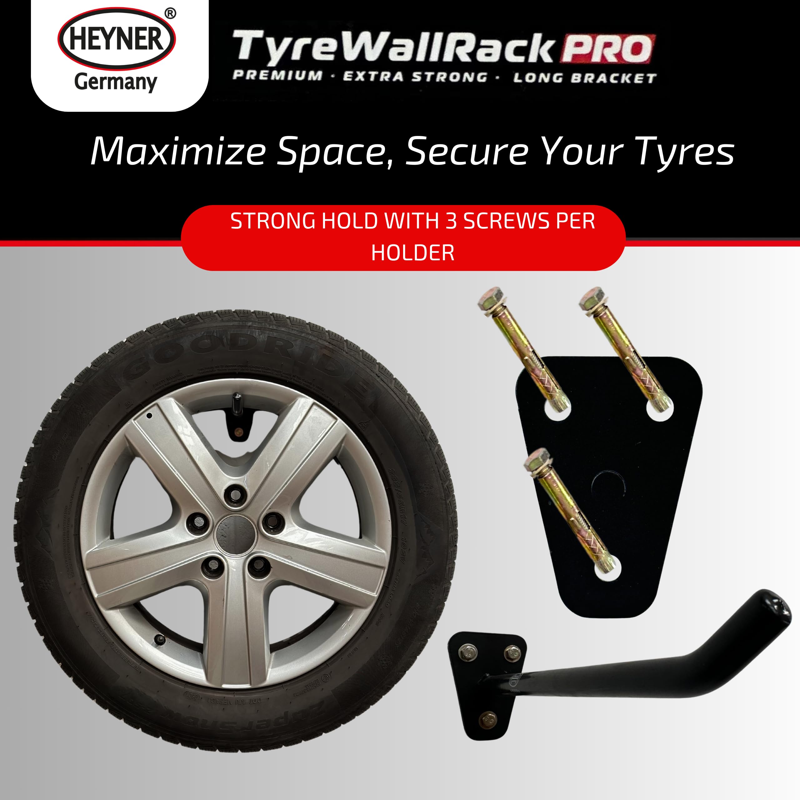 HEYNER Wheel Rack Tyre Wall Heavy Duty Garage Storage Wheels Hangers Extra Long 30cm 349010, Black - Image 3