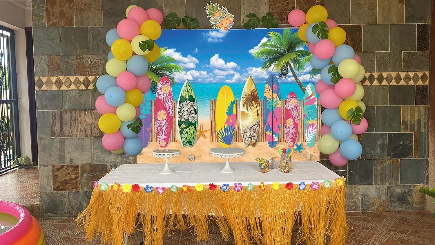 7x5ft Summer Beach Photography Backdrop Surfboard Surfs Up Seaside Tropical Hawaiian Island Background Sea Sky Sunshine Florida Pool Party Backdrop