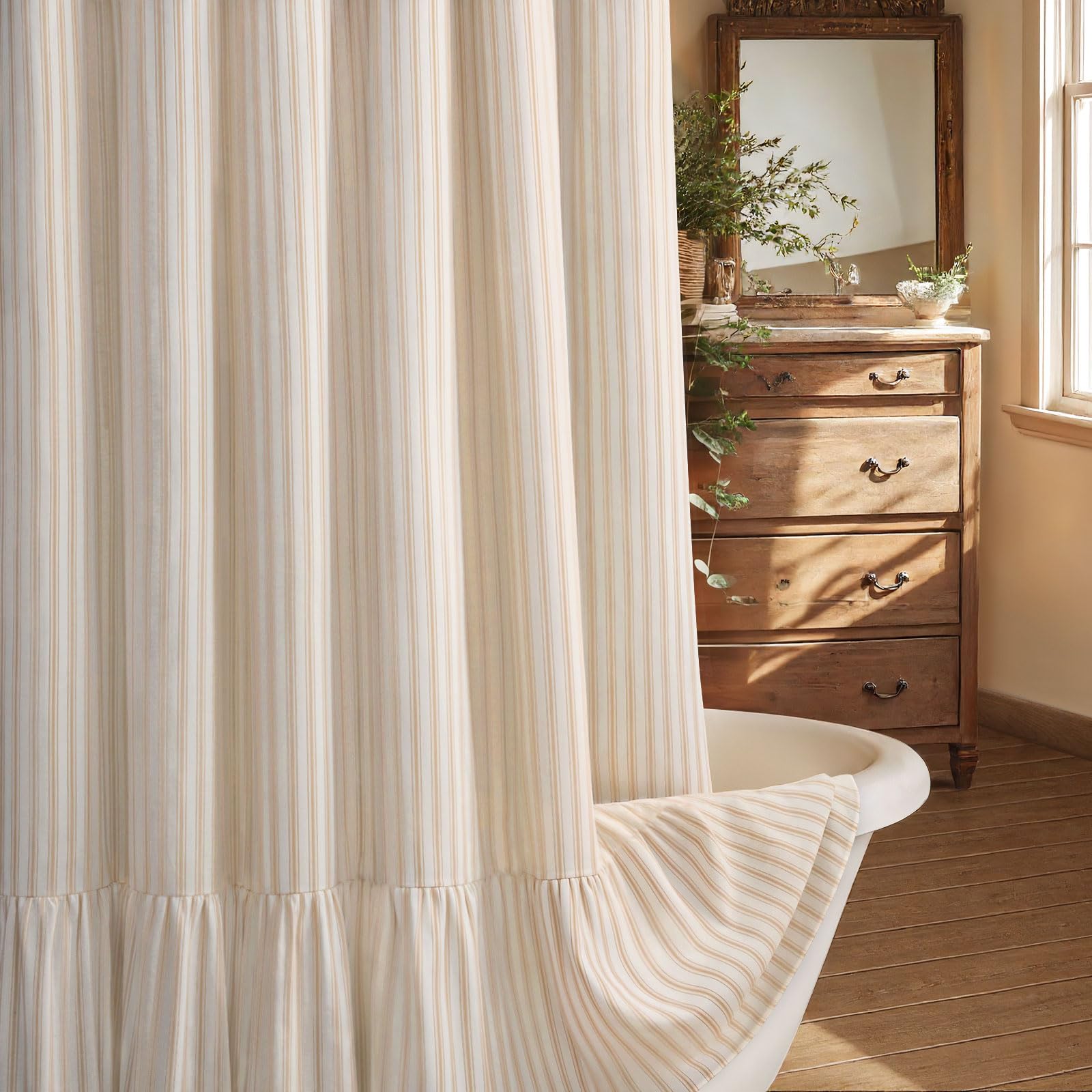 Farmhouse Shower Curtain Ruffle Linen Cream-Beige Stripe 72"W x 78"L — image 1