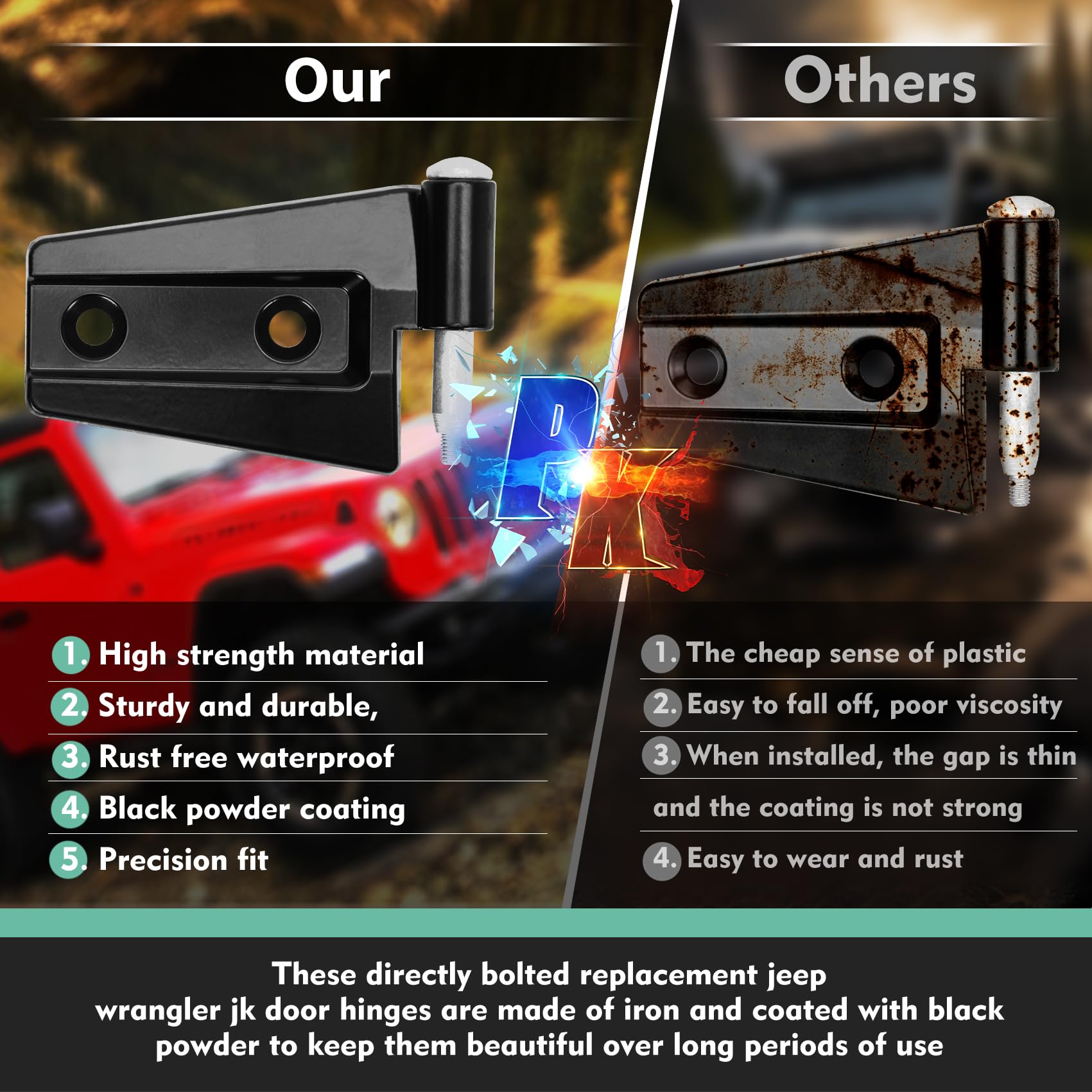 Jeep Wrangler JK Außen-4-Tür-Scharnier-Kits, kompatibel mit Jeep Wrangler JK JKU Rubicon Unlimited Saraha (außen 4-Türer), Jeep Wrangler JK JKU Außen-4-Tür-Scharnier, 8 Stück mit 16 Bolzen