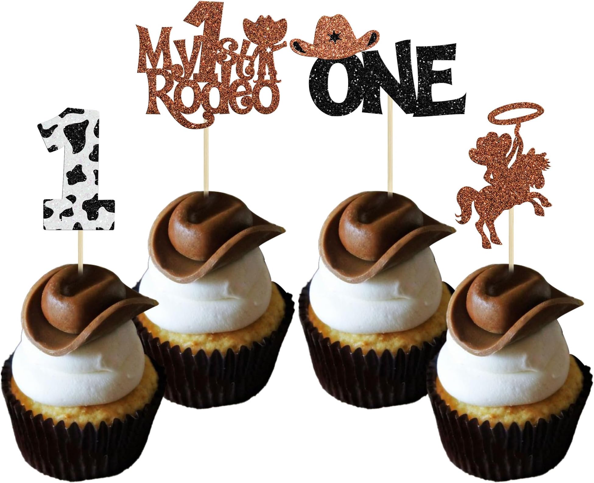 24Pcs Cowboy 1st Birthday Cupcake Toppers Glitter First Birthday Hat Cowboy One Cake Decorations for Western Theme Baby Shower Kids Boys 1st Birthday Party Supplies Brown