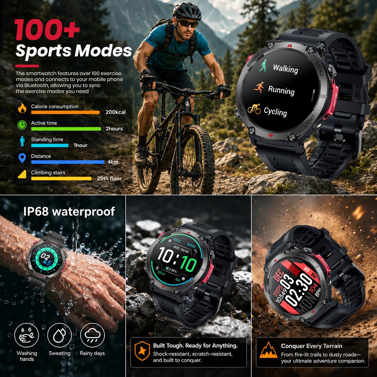 Montre Connectée Homme Smartwatch GPS: 1.45" Montre Outdoor Sport Avec Boussole et Lampe Torche Autonomie 530mAh IP68 Étanche Appel Bluetooth Surveillance Fréquence Cardiaque et SpO2 pour Android iOS