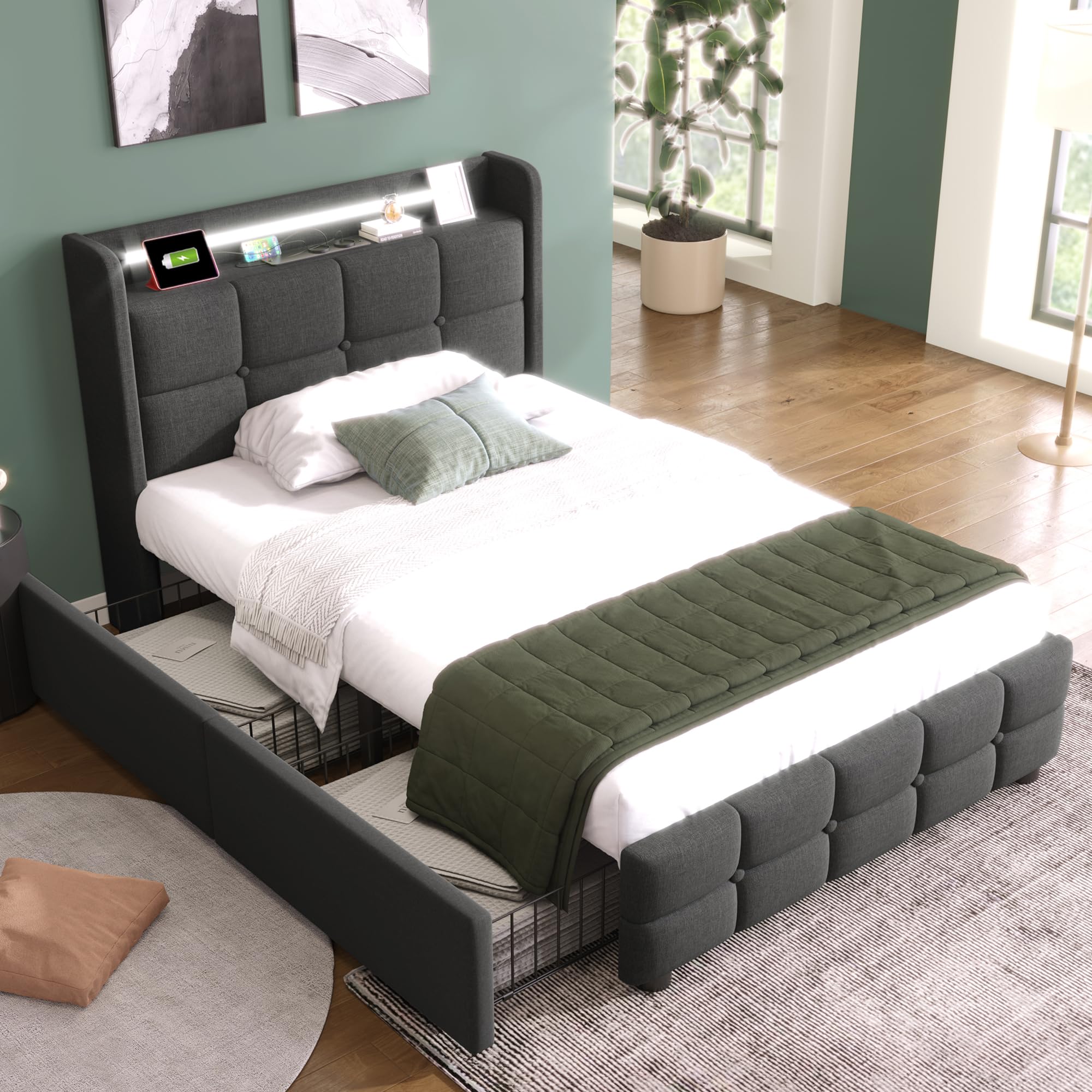 Cama Tapizada 90x200 con Iluminación LED, Cama Infantil con 2 Cajones, Camas Juveniles con Enchufes y Puertos USB, Cama Individual con Láminas de Madera, Lino, Gris, Sin Colchón