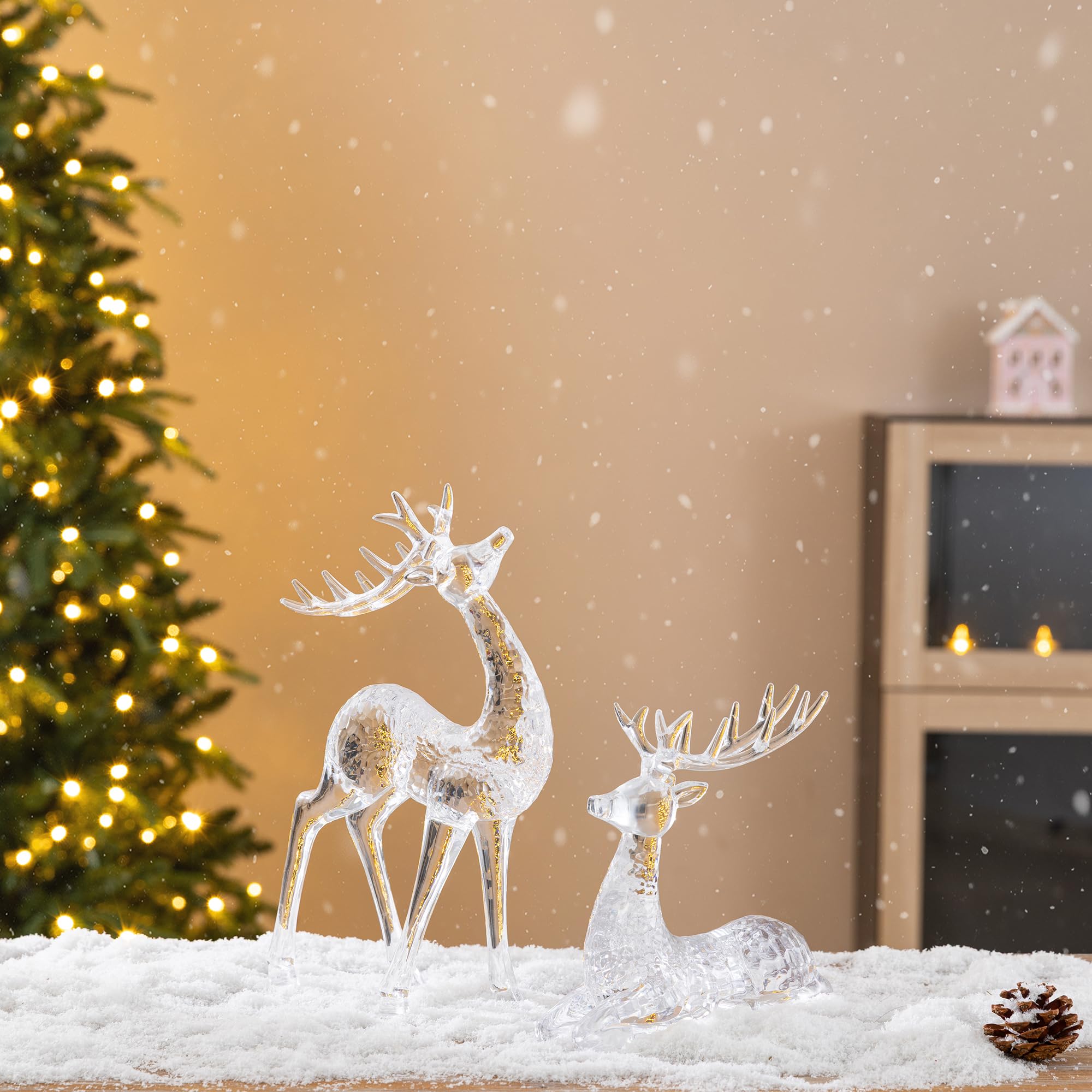 Glitzhome Lot de 2 figurines de renne de Noël transparentes de 27,9 cm debout et de 17,14 cm couché, statues de cerf d'hiver pour cheminée, centre de table, décoration d'intérieur