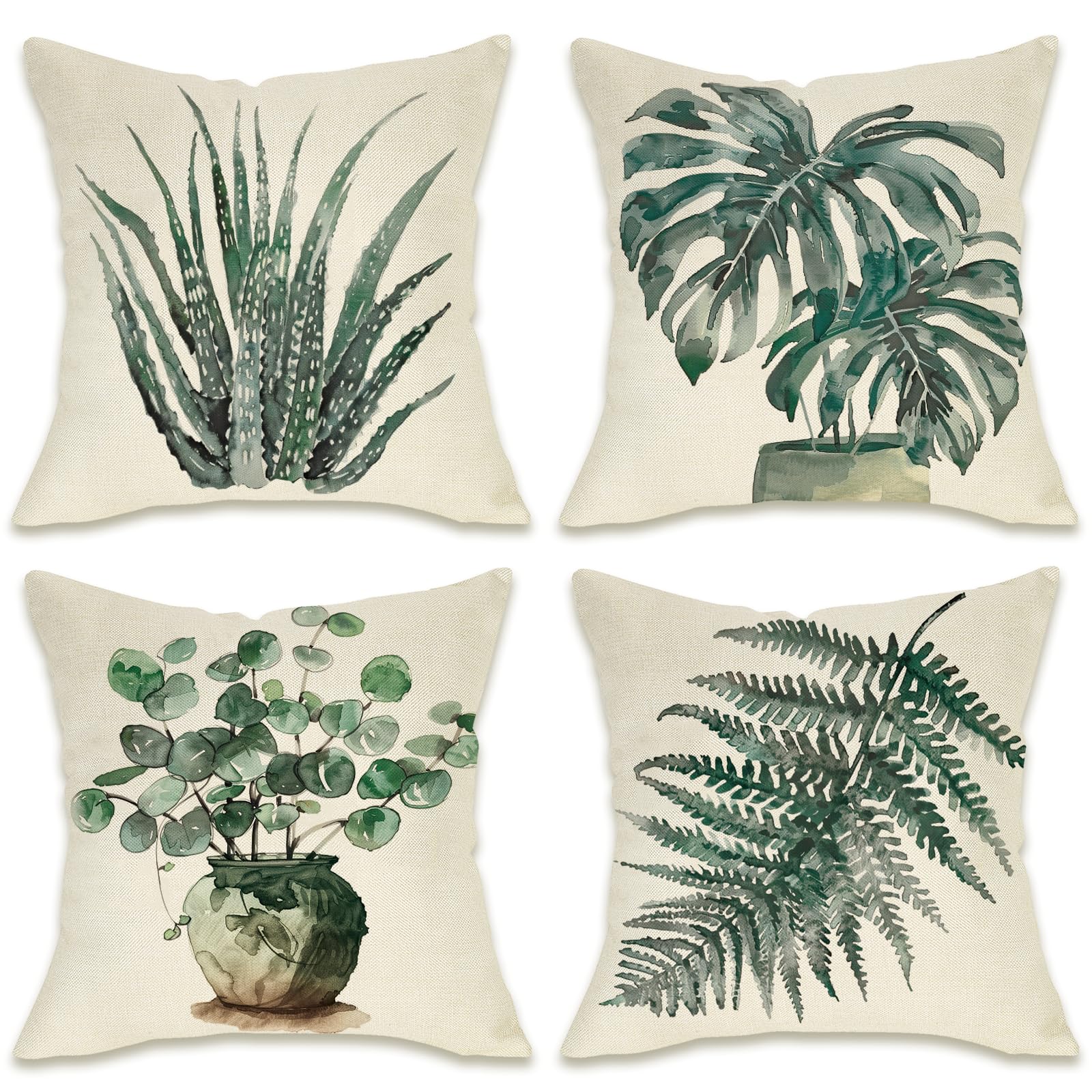 Fahrendom Tropical Plant Decorative Throw Pillow Covers 18x18 Set of 4 Botanical Aloe Monstera Eucalyptus Leaf Fern Porch