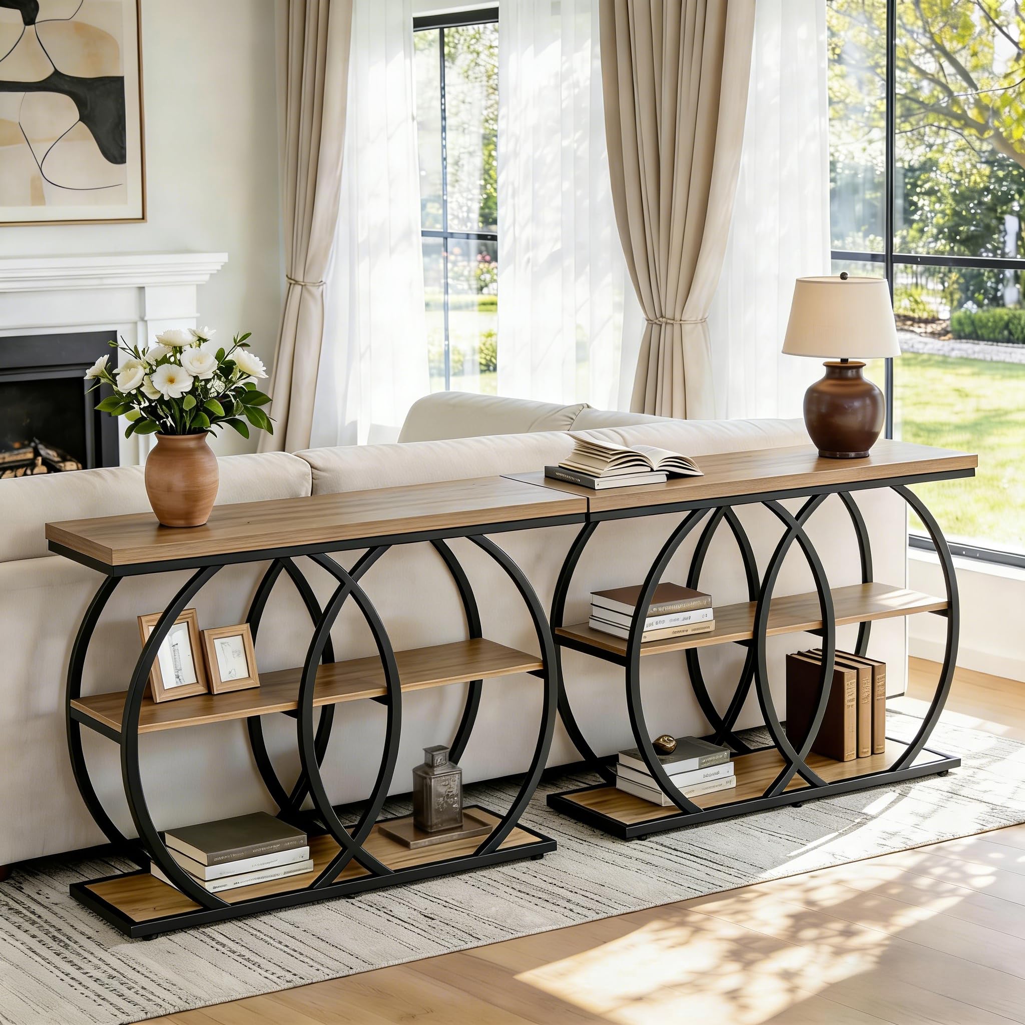 Tribesigns Mesa Consola Industrial 105 cm, Estantería de Entrada de 3 Niveles, Mesa Auxiliar Estrecha con Marco de Metal para Salón, Recibidor y Pasillo, Marrón Rústico