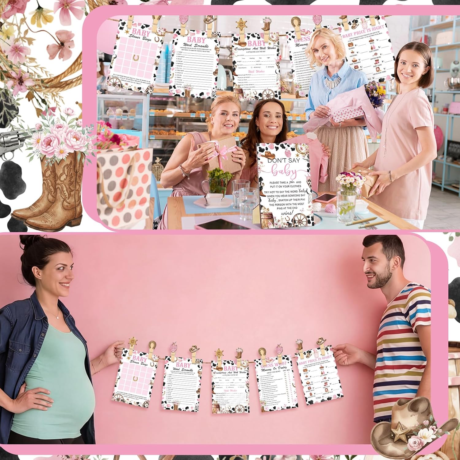 Patelai 321 Pcs Cowgirl Baby Shower 5 Games Set Western Don't Say Baby Shower Decorations 250 Game Card Cow Girl Gender Reveal Party 50 Mini Clothespin 20 Pencils for Pink Western Birthday Decorations